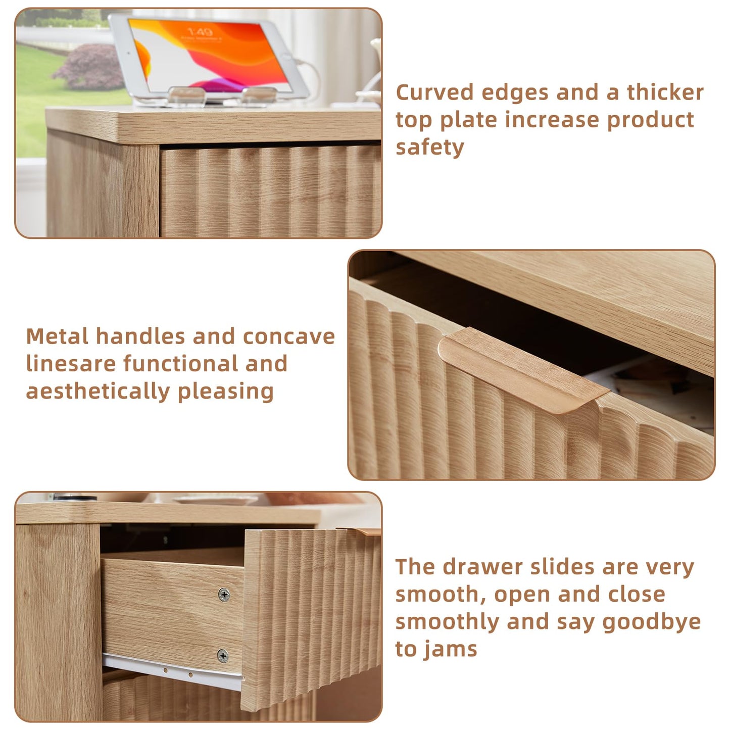 LEYAOYAO 23" Wide Fluted Farmhouse Night Stand Set of 2 with Charging Station, 3 Drawers Large End Table w/Metal Handle, Natural Nightstand Bedside Table,Wood Dresser for Bedroom, Closet
