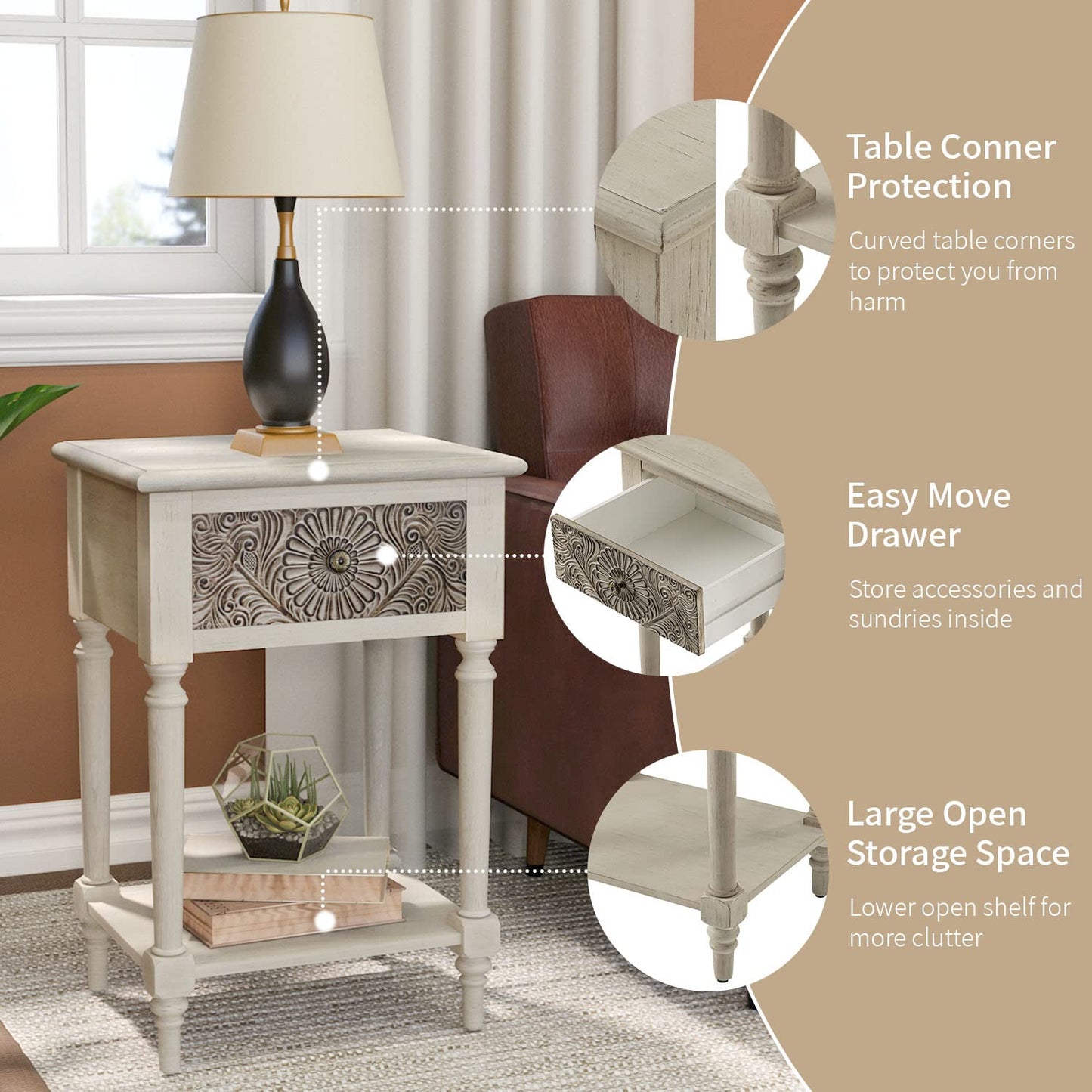 SUNBURY Vintage Nightstand Set of 2, Wood Small Bedside Table with Drawer and Open Shelf, Shabby Accent End Side Table for Living Room, Bedroom