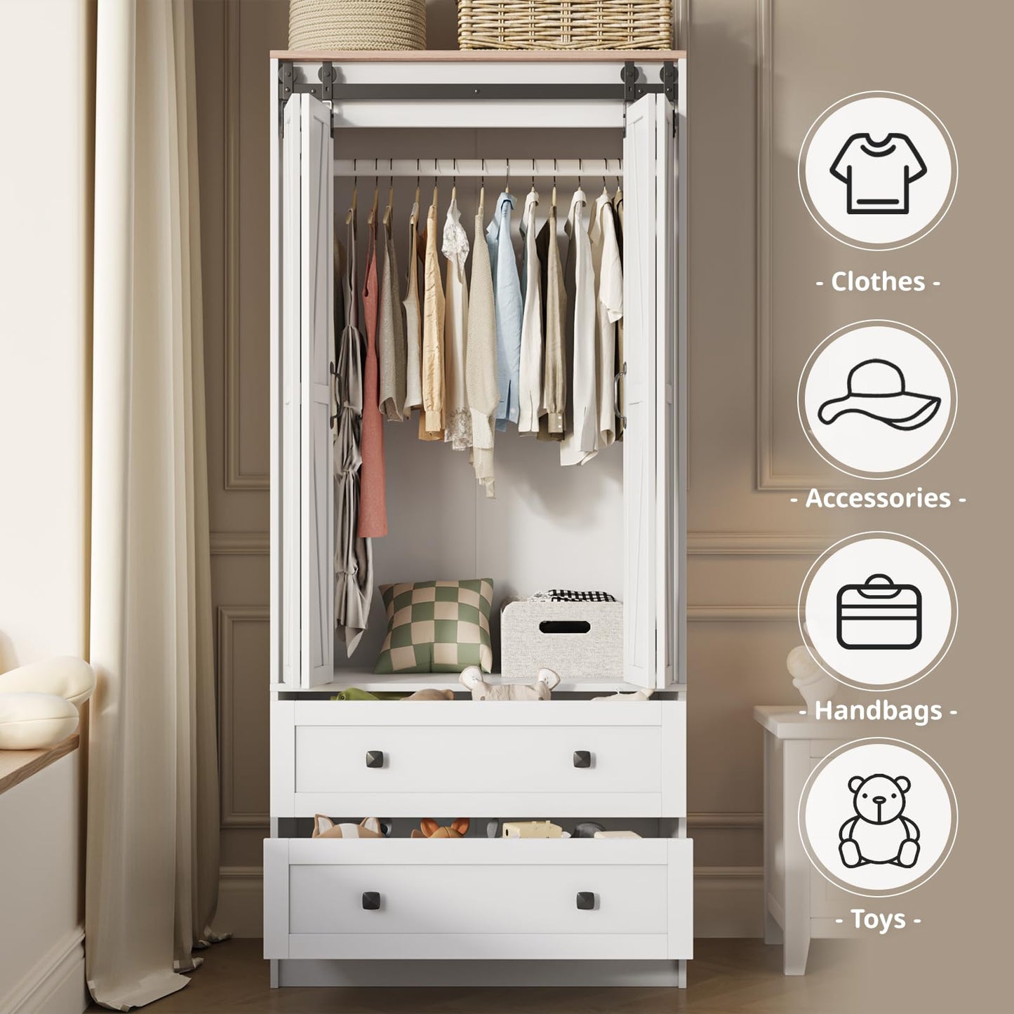 Maupvit Farmhouse Armoire with 2 Folding Sliding Barn Doors and Drawers 70.9" Tall Wooden Bedroom Wardrobe Closet with Spacious Storage Cabinet with Hanging Rod for Bedroom, White