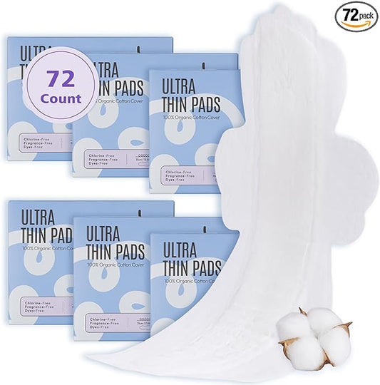 100% Organic Overnight Pads for Women, Ultra Thin Extra Heavy Flow Menstrual Sanitary Napkins with Wings Cotton Extra Coverage Period-Pads Super Absorbency Feminine Pad (Overnight, Size 5, 72 Ct)