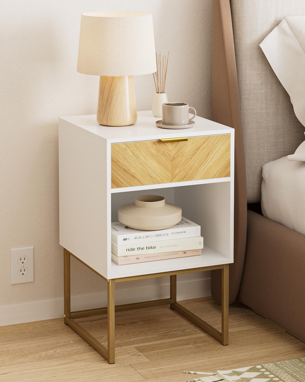 Apetaccat Nightstand,Modern Night Stand Boho Farmhouse Wood Bedside Table with Storage Drawer and Open Shelf,Side End Table for Bedroom,Living Room,White
