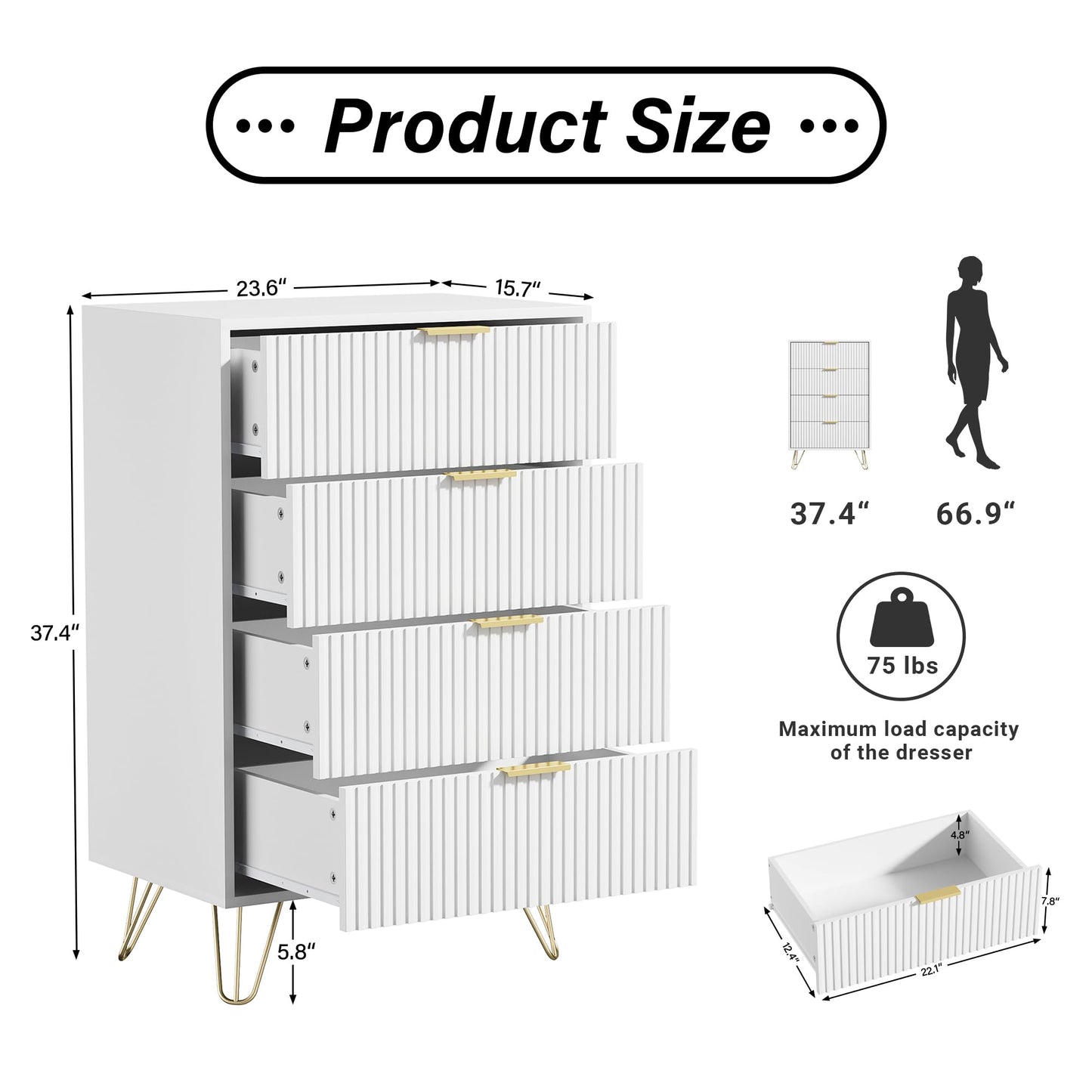 Furniway White Dresser for Bedroom, Modern Wide Dresser with Gold Pulls and 4 Drawers for Bedroom, Closets, 15.7" D x 23.6" W x 37.4" H