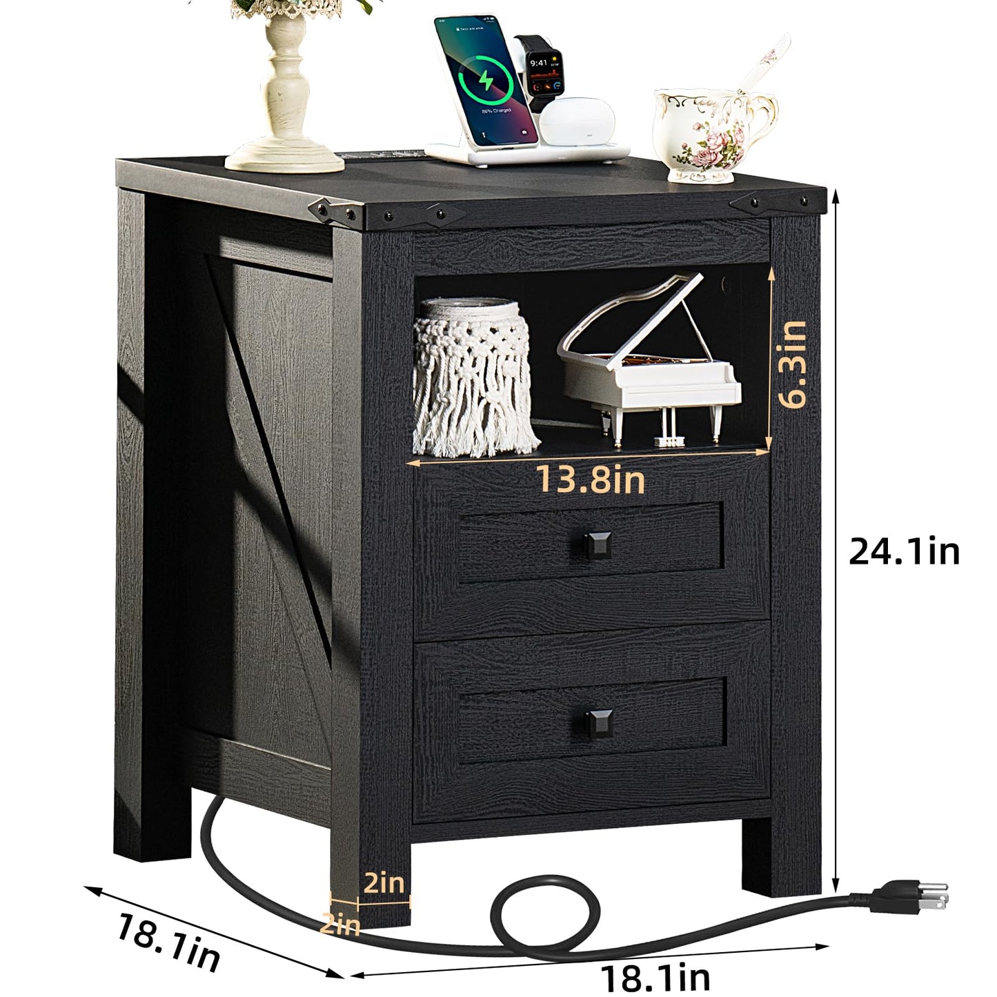 Joaxswe Nightstand with Charging Station, Farmhouse Night Stand with 2 Drawers and Shelf Storage, Wooden Side End Table, Bedside Cabinet for Bedroom, Living Room, Closet, Office (Black)