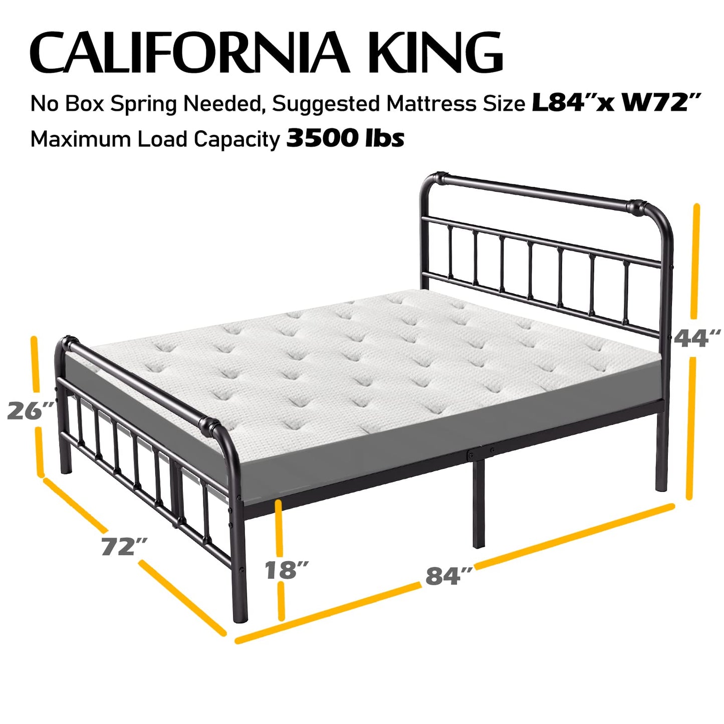 BOSRII California King Bed Frame with Headboard and Footboard, 18 Inches High, 3500 Pounds Heavy Duty Metal Slats Support for Mattress, No Box Spring Needed,Noise-Free, Black