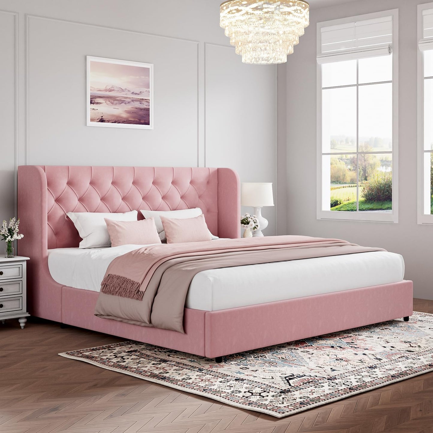 HOMBCK Pink King Size Bed Frame, Upholstered Platform Bed Frame with Velvet Tufted Headboard, Curved Wingback Design, Wooden Slats, No Box Spring, Noise Free, Easy Assembly