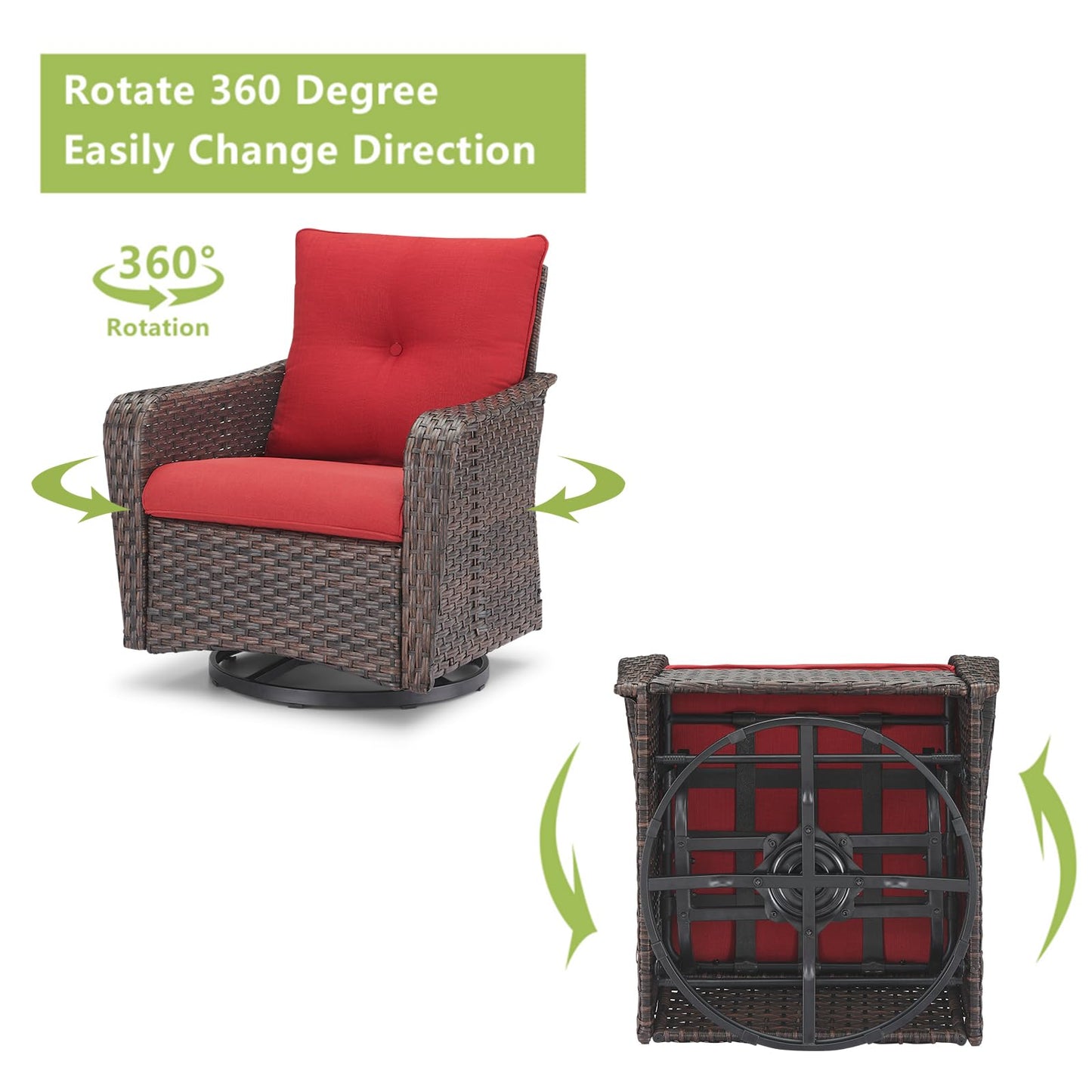 Rilyson Outdoor Patio Swivel Rocker Chairs - 3 PC Wicker Patio Bistro Sets with High Back,Thick Comfy Cushions, Deep Seating and Side Table for Porch Deck Backyard Garden(Brown/Red)