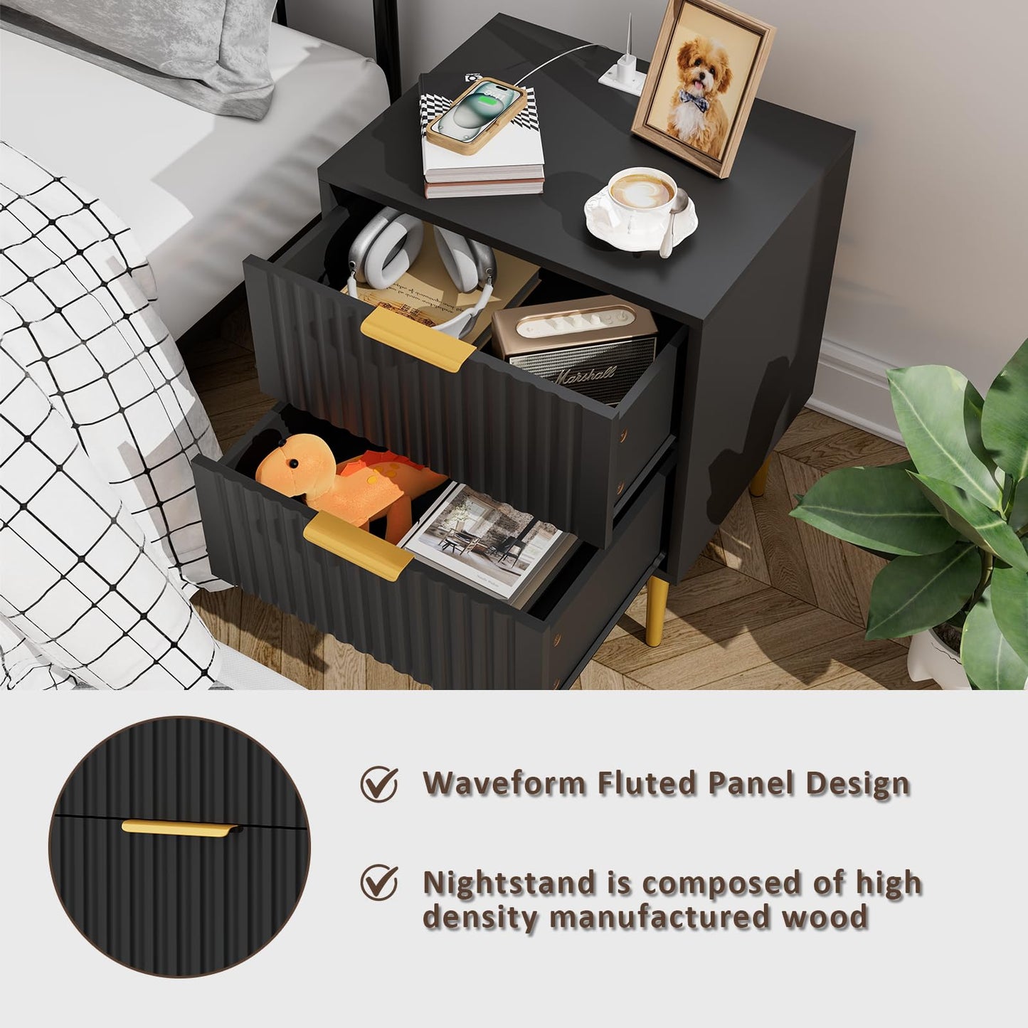 Nightstand with Charging Station, Side Table with 2 Drawers, Fluted End Table with Gold Metal Legs & Handle, Bedside Table with Wide Tabletop, Night Stand with Fluted Panel for Bedroom (2, Black)