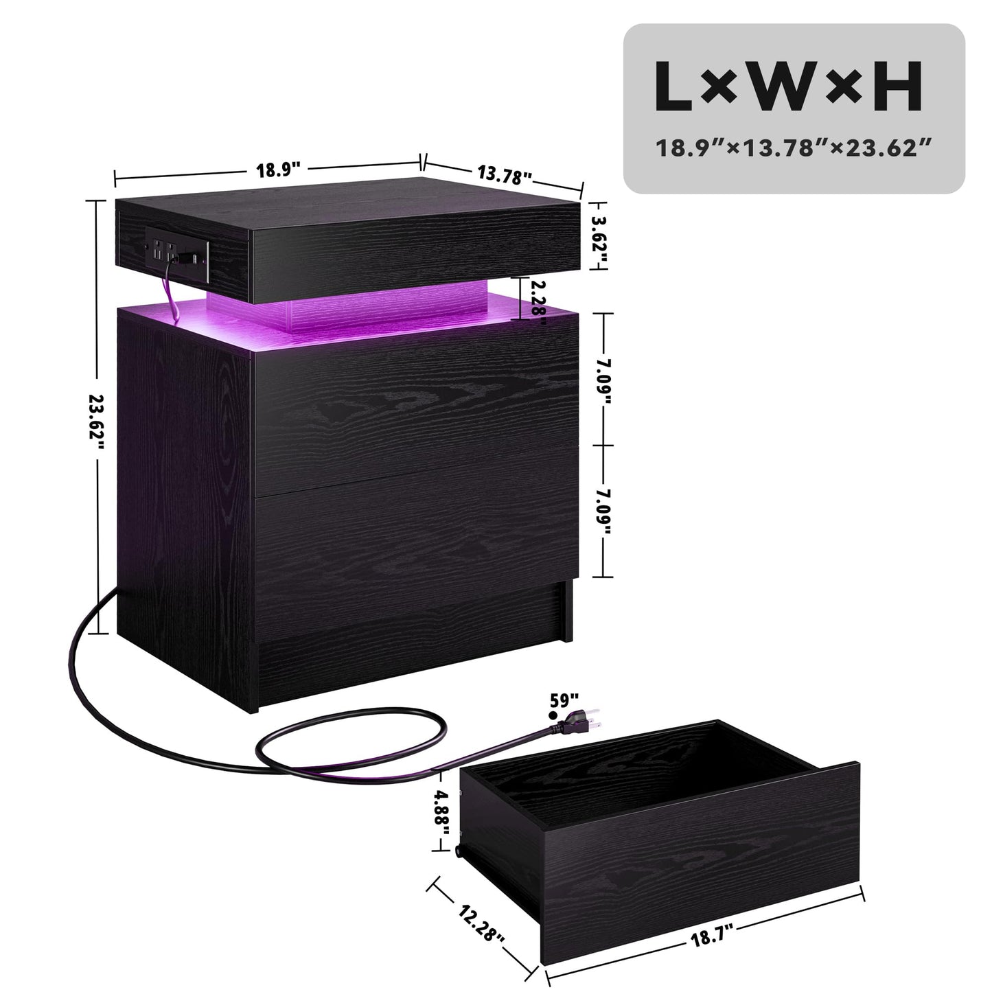 LIKIMIO Night Stand Set of 2, Modern Black Nightstand with with Charging Station, Bedside Tables with LED Light and Drawers, End Table for Bedroom, Livingroom