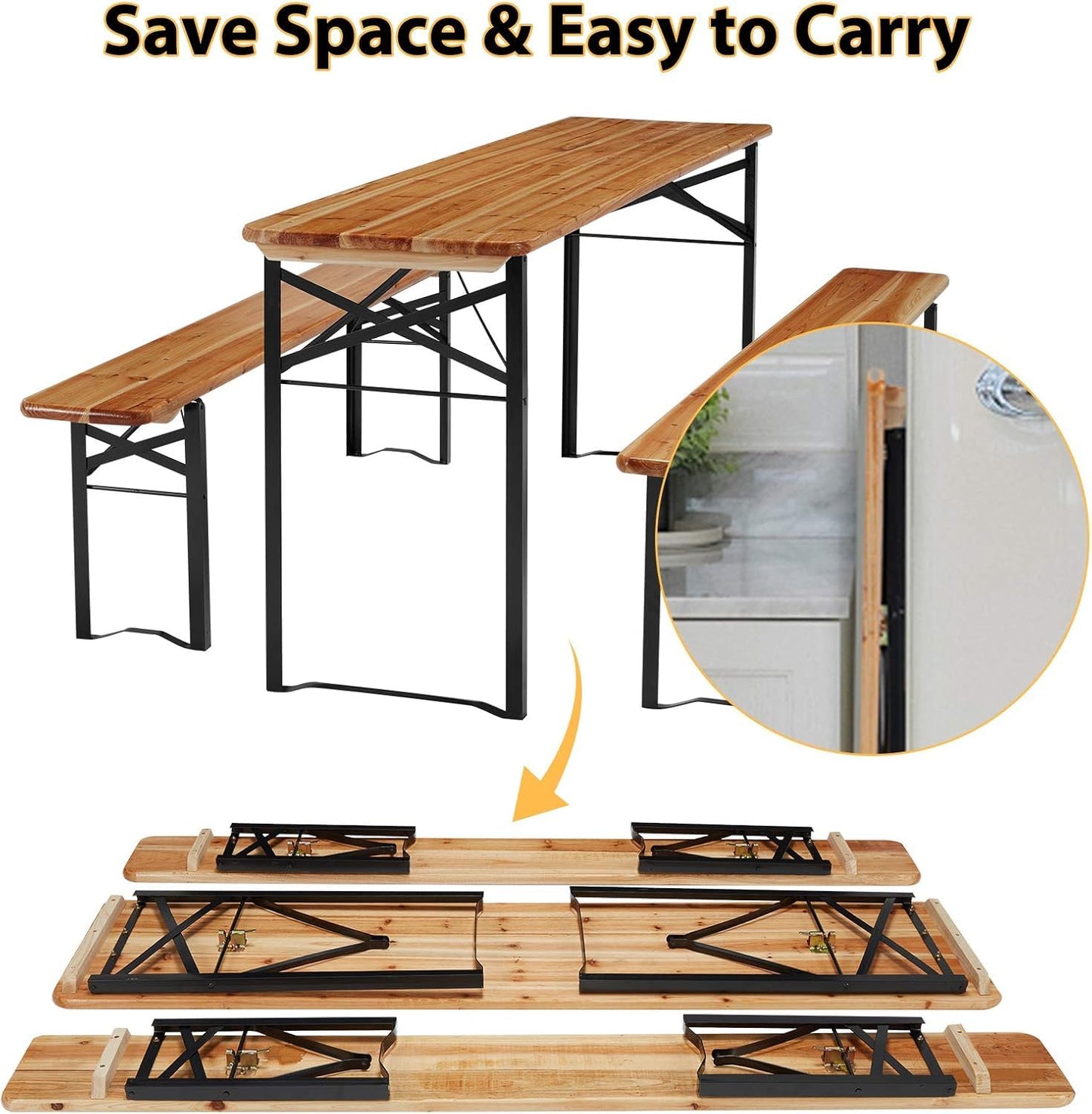 HOMREST Folding Picnic Tables with 2 Benches Set,70" 3-Piece Portable Table for 6-8 Persons，Outdoor Dining Table with Weather-Resistant Wooden and Sturdy Steel Frame for Patio,Party,BBQ and Camp