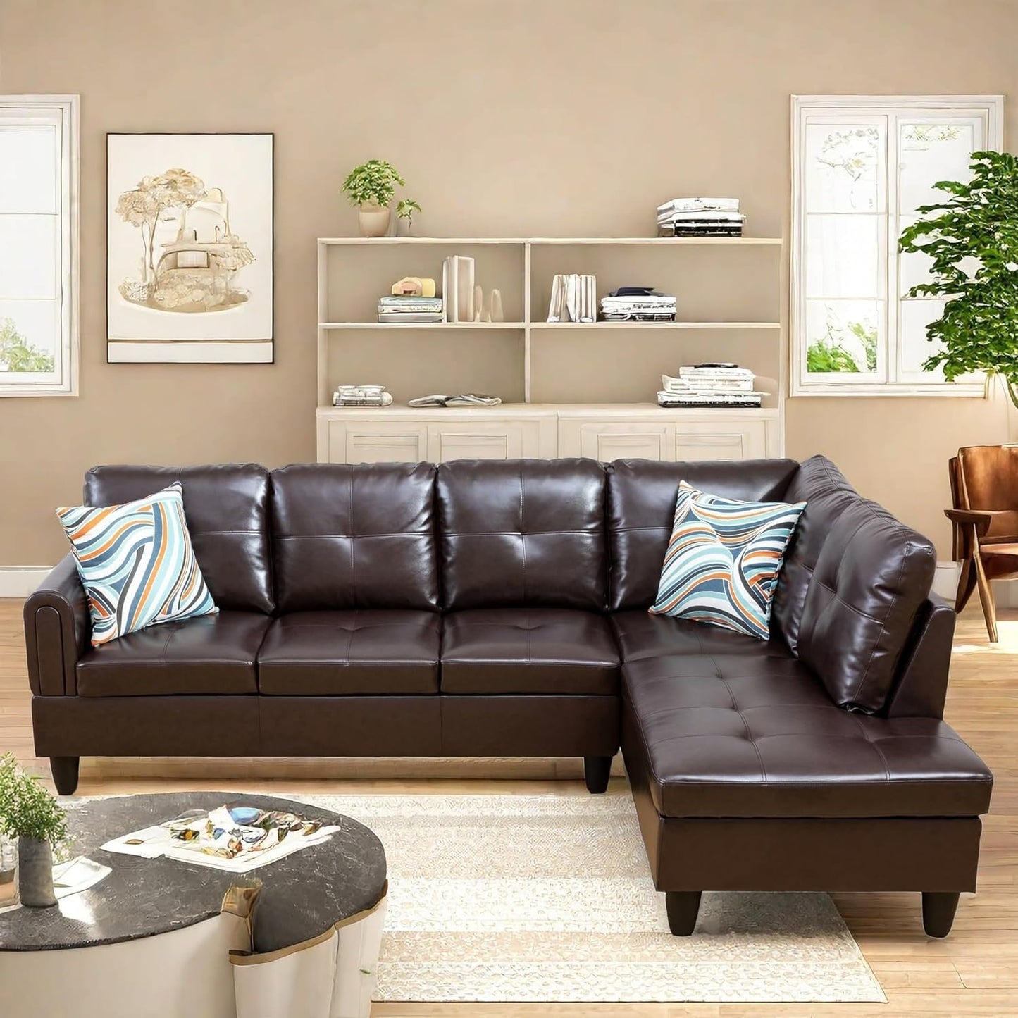 Modern L-Shaped Sectional Sofa with Chaise, High-Density Sponge Cushions, Light Gray (Leather)