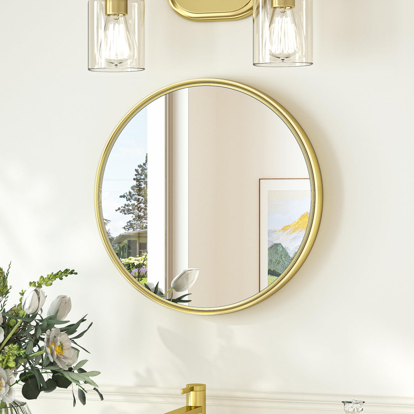 TokeShimi 16 in Round Gold Mirror Framed, 16 x 16 Shatterproof Circle Bathroom Vanity Mirror Wall Mounted Aluminum Wall Mirrored Farmhouse for Entryway, Bedroom, Restroom, Vanity, Living Room
