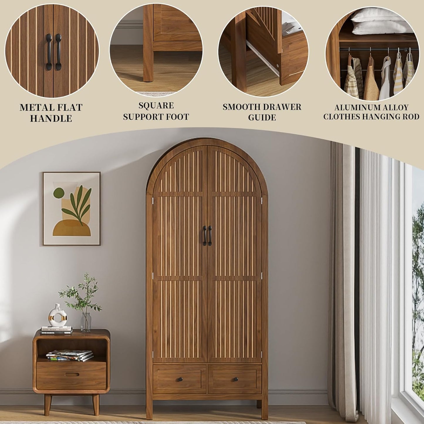 Lxsxlome Wardrobe Closet, Modern Armoire Wardrobe Closet with Drawers and 2 Arched Fluted Doors, 70.87‘’ Tall Wooden Bedroom Armoires with Shelves and Hanging Rod (1, Walnut,17.71''D)