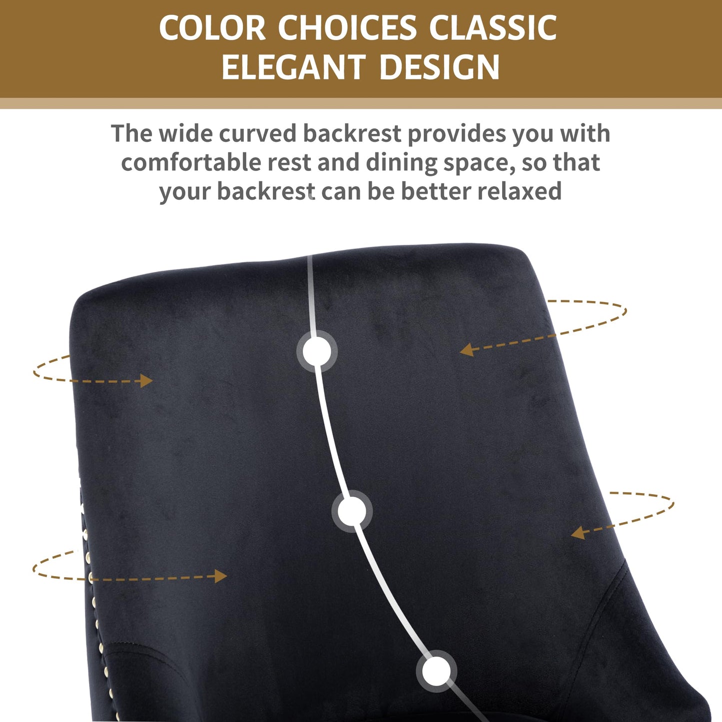 KCC Velvet Dining Room Chairs Set of 2 Nailhead Back Ring Pull Trim with Gold Legs for Kitchen Living Room(Black)