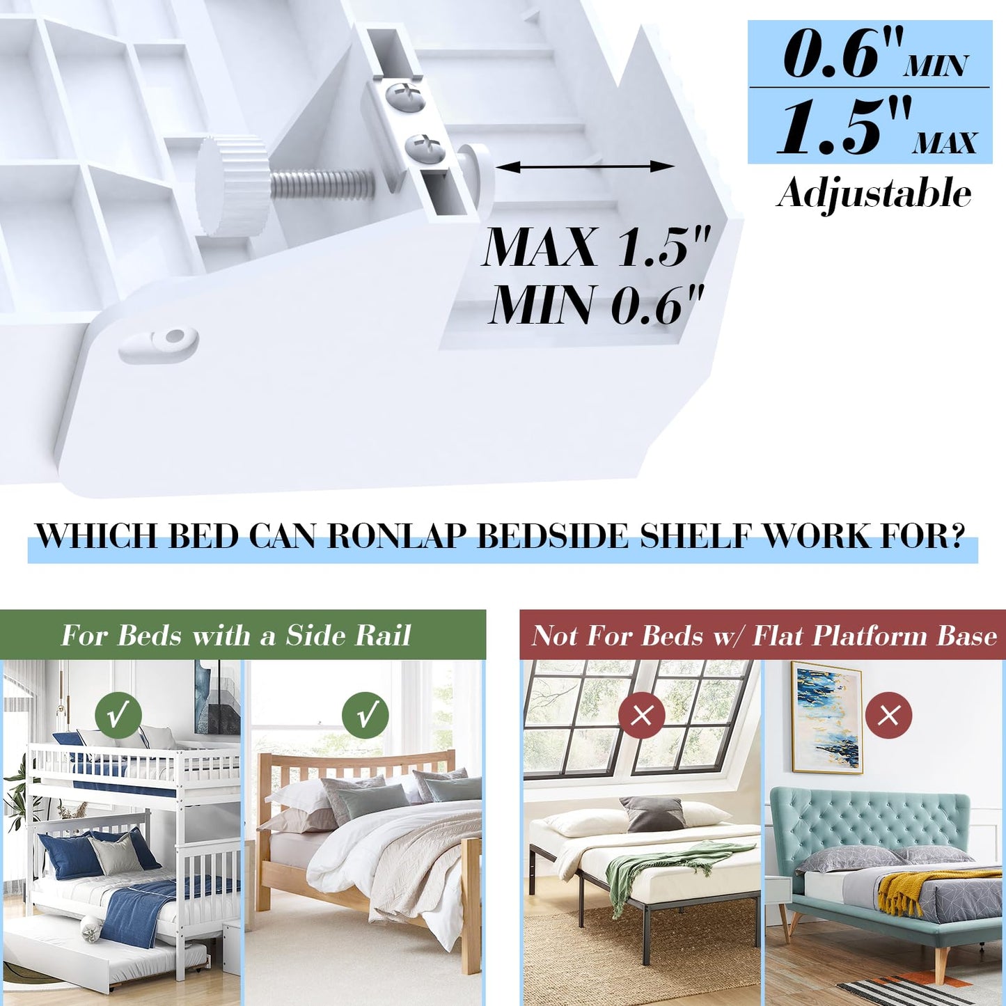 Ronlap Folding Bedside Shelf Bunk Bed Shelf Organizer for Top Bunk Clip On Bed Side Shelf Tray for College Dorm Loft Plastic Bedside Nightstand with Cup Holder, Small Size, White
