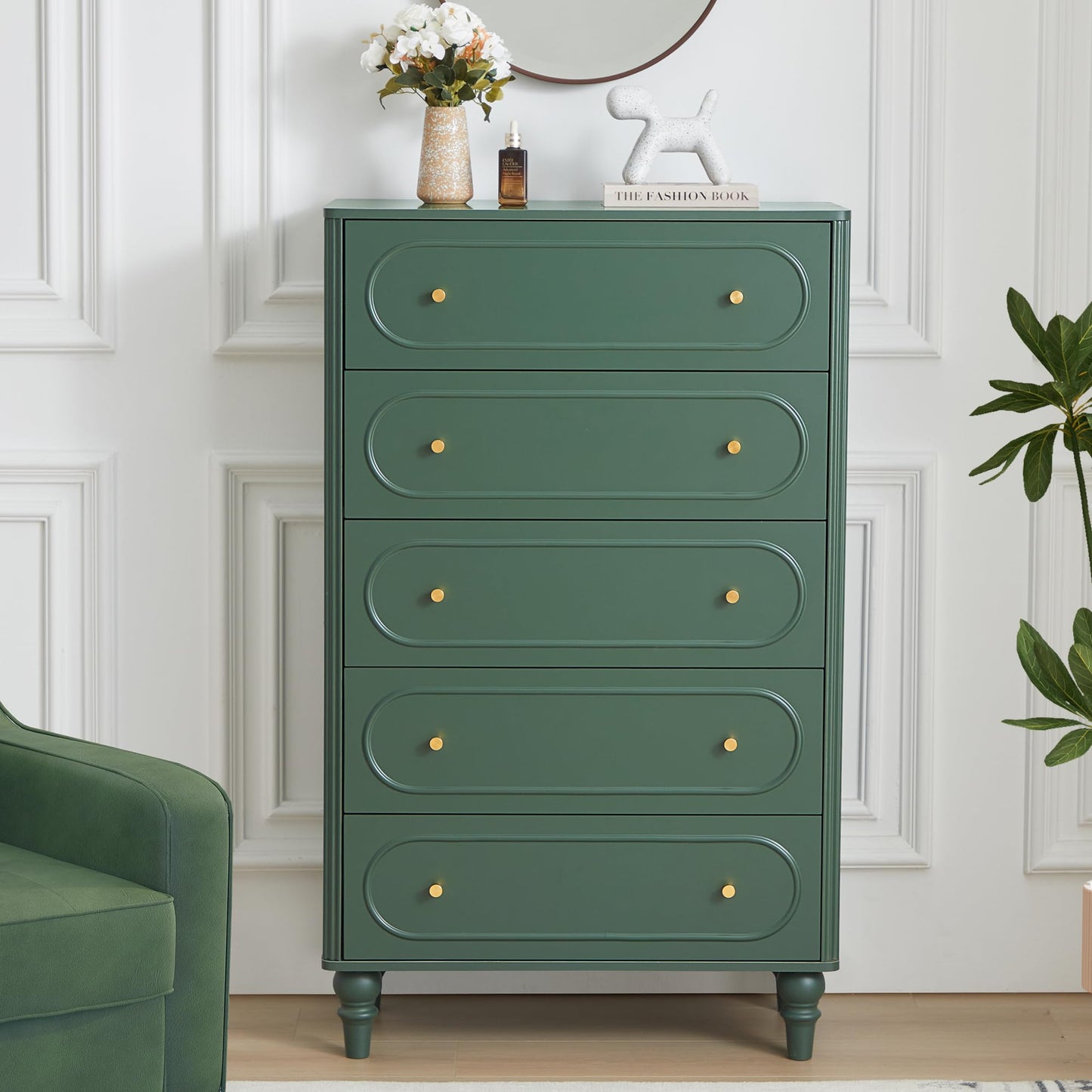 ORRD 5 Drawer Fluted Dresser for Bedroom, Mid Century Modern Chest of Drawers, Wood Storage Large Dresser Organizer for Bedroom Living Room Hallway Closet, Green