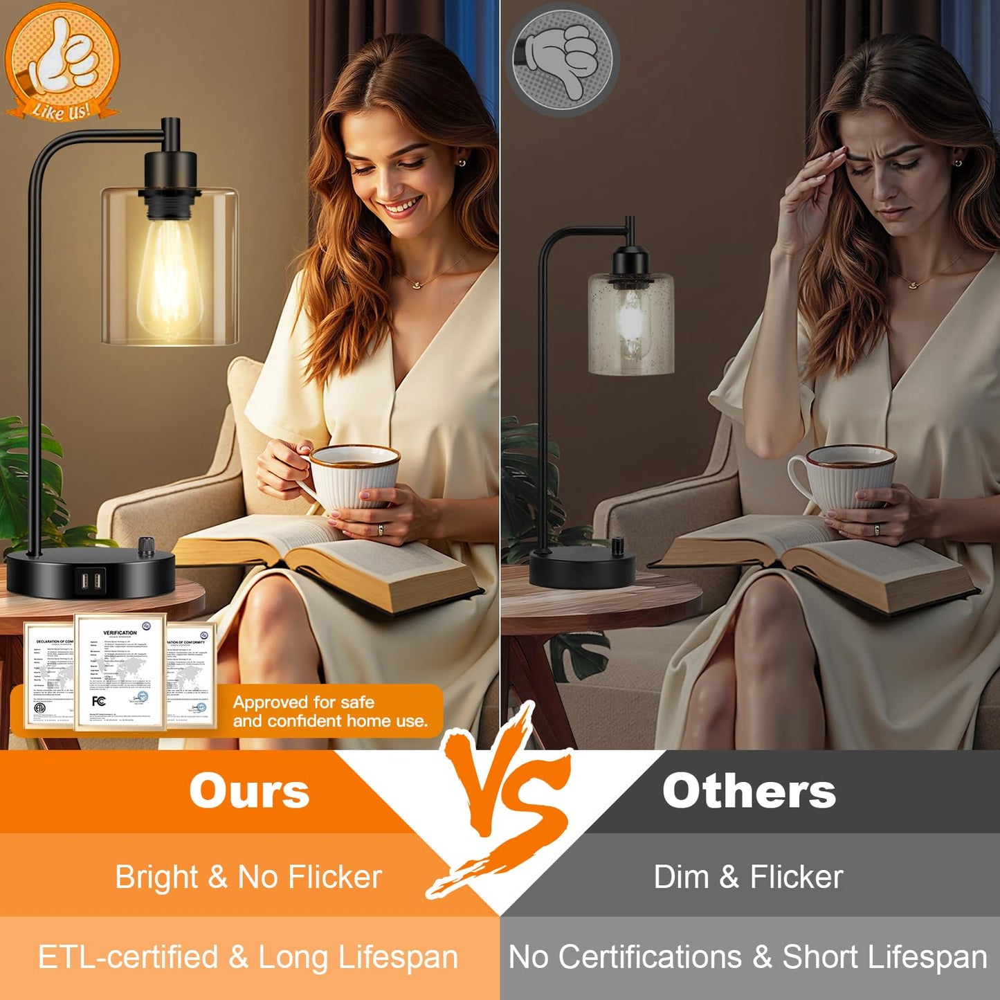 Industrial Table Lamp with 2 USB Charging Ports, Fully Stepless Dimmable Modern Nightstand Lamp, Glass Shade Bedside Desk Lamp for Bedroom Living Room Office, 6W 2700K LED Edison Bulb Included