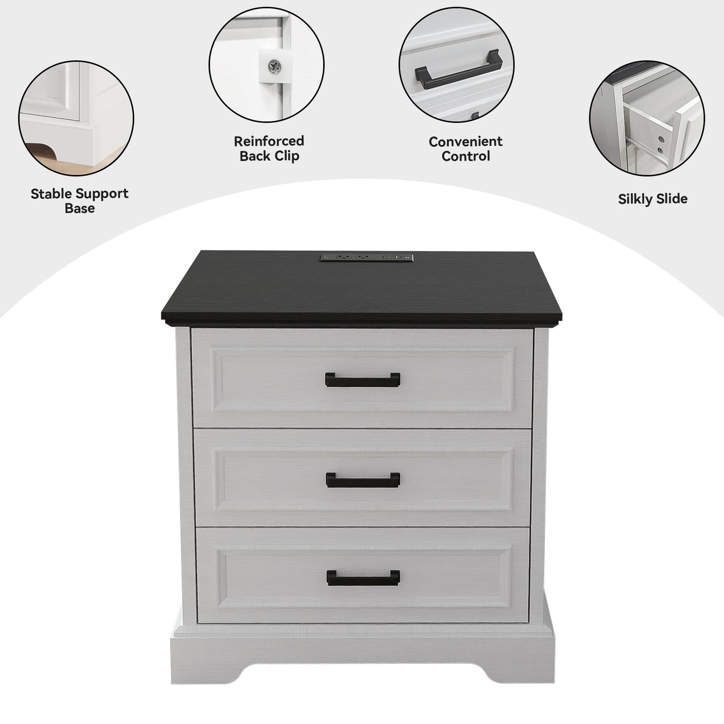 Farmhouse Bedside Nightstand with USB & Charging Station, 22” Wide Rustic Wood Nightstands with 3 Drawers – Small Dresser Chest for Bedroom, Living Room or Closet, Off White (1Pieces)