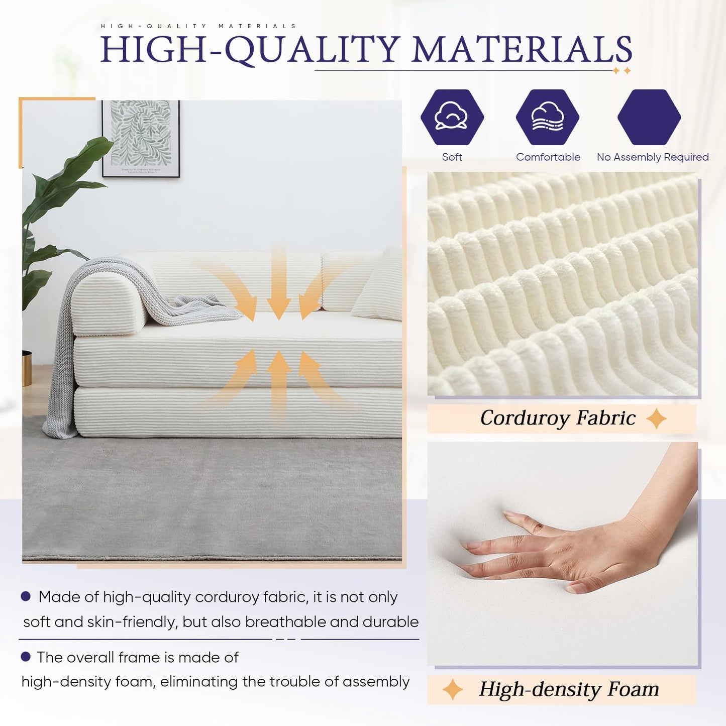 JEEOHEY Convertible Folding Sofa Bed, Corduroy Sleeper Mattress Couch with Fixed-Shape Frame, Free Combination Loveseat Lounge Floor Sofa, Queen Size Memory Foam Couch for Living Room, Bedroom, White