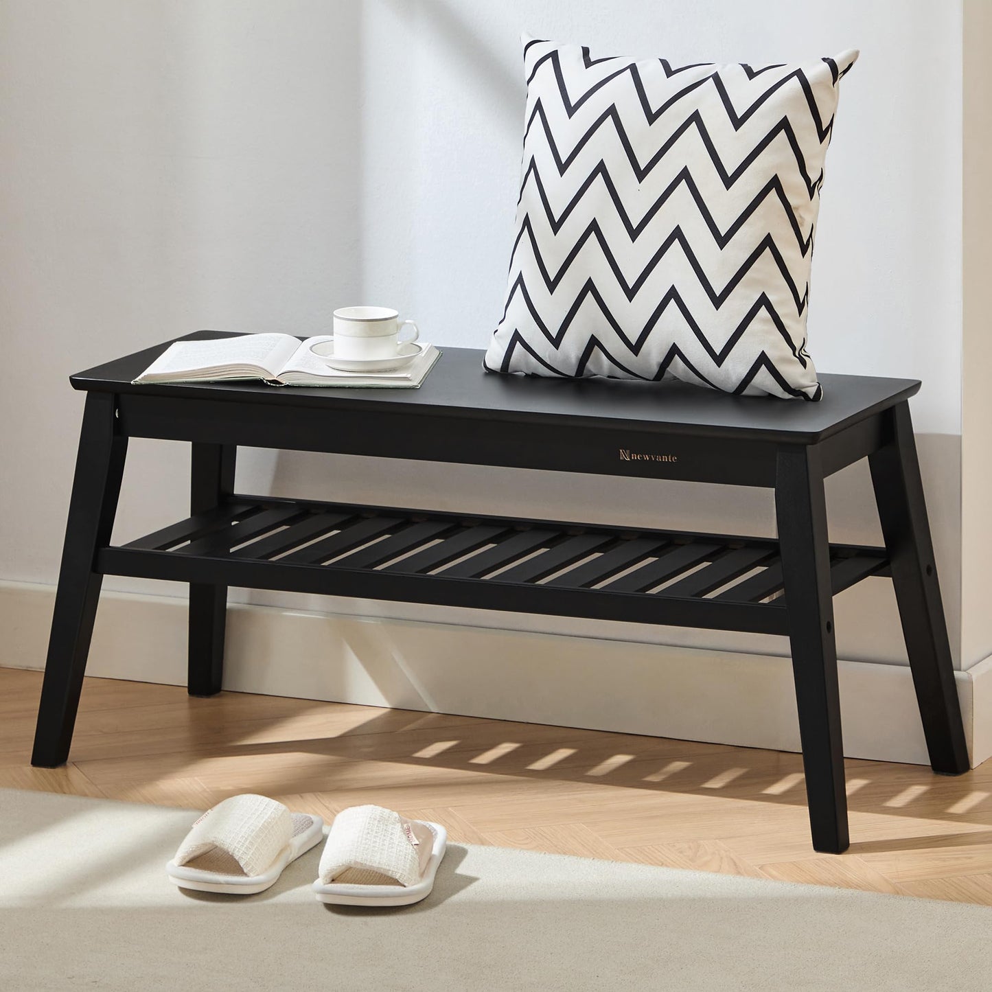Nnewvante Bamboo Entryway Bench, 33.46" End of Bed Bench, 2 Tier Black Bench for Bedroom, Indoor Bench for Living Room, Dining Room, Hallway, Holds up to 300lbs