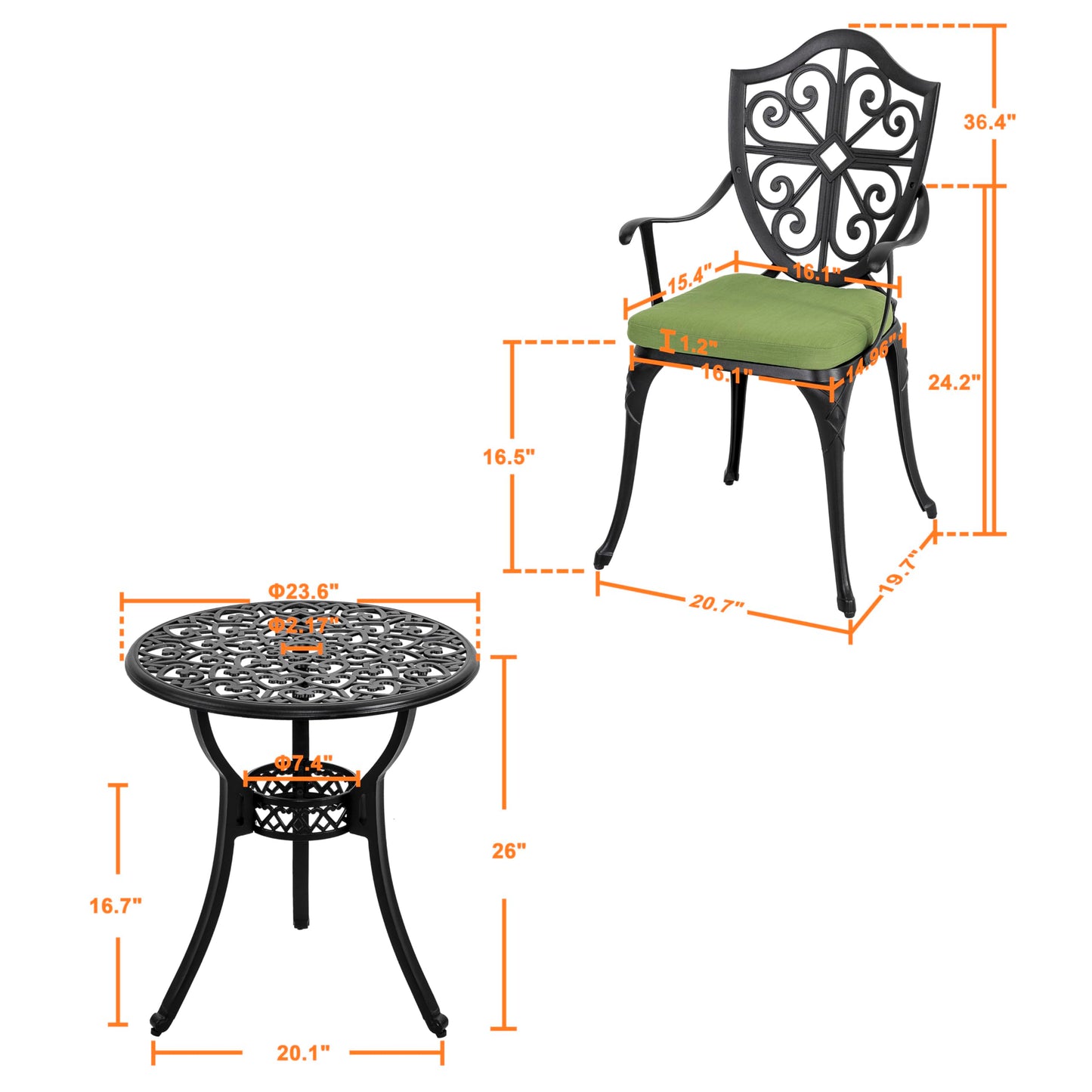 NUU GARDEN Outdoor 3-Piece Bistro Set with Cushions, Round 24 Inch Cast Aluminum Bistro Table with 2.17" Umbrella Hole, 2 Cast Aluminum Bistro Chairs, for Patio, Garden, Backyard and Balcony, Black
