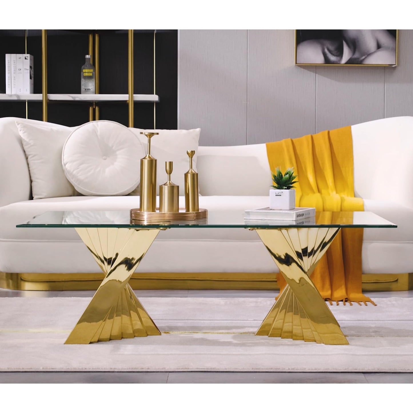 Anewsun Gold Coffee Table, 50" Rectangle Tempered Glass Living Room Coffee Table with Gorgeous Polished Stainless Steel Base