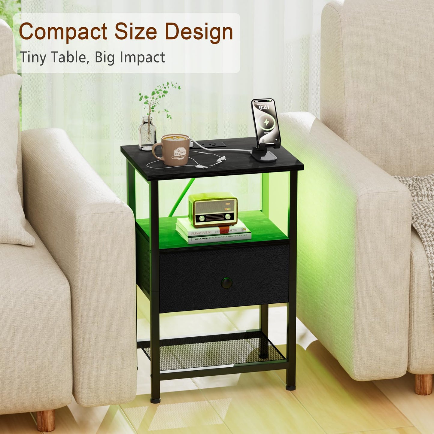 LOAKEKEL Night Stand, LED Nightstand with Charging Station, Small End Table with Fabric Drawer for Living Room, Bed Side Table with Storage Shelf for Bedroom, Black, HETS01BK-1
