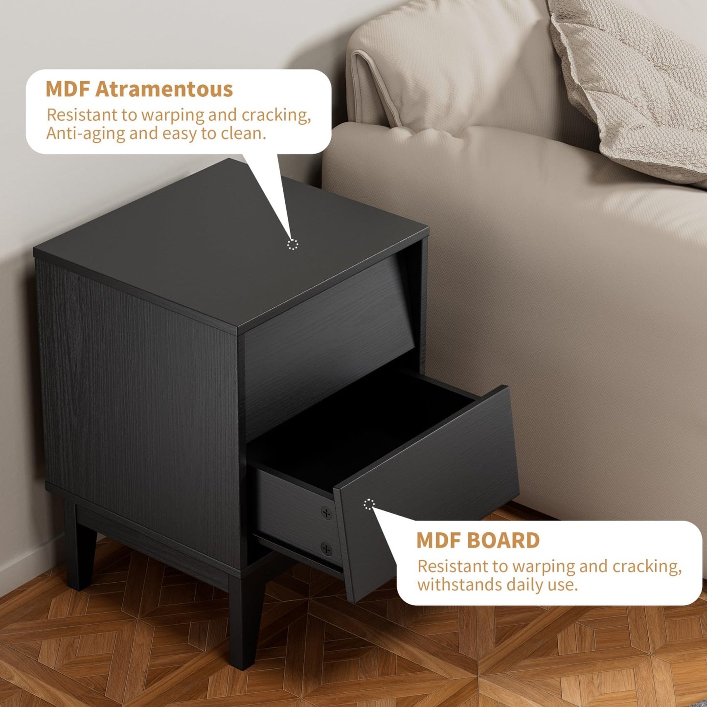 2 Set Nightstands with Beveled Design, Mid-Century Modern Bedside Tables with Solid Wood Legs for Bedroom Living Room, Black