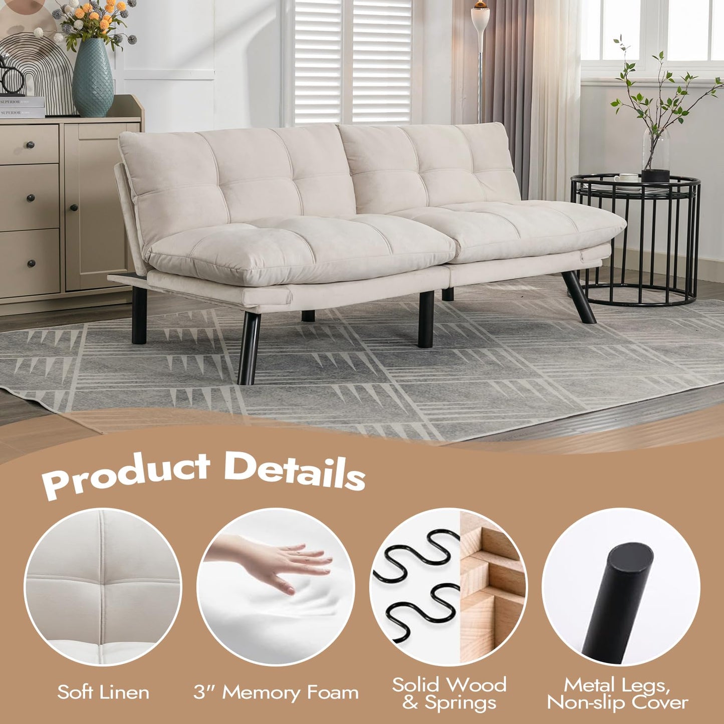 Comfortable Futon Sofa Bed, Memory Foam Loveseat, Convertible Adjustable Sofa Bed CouchSuitable for Office, Home, and Bedroom (White)