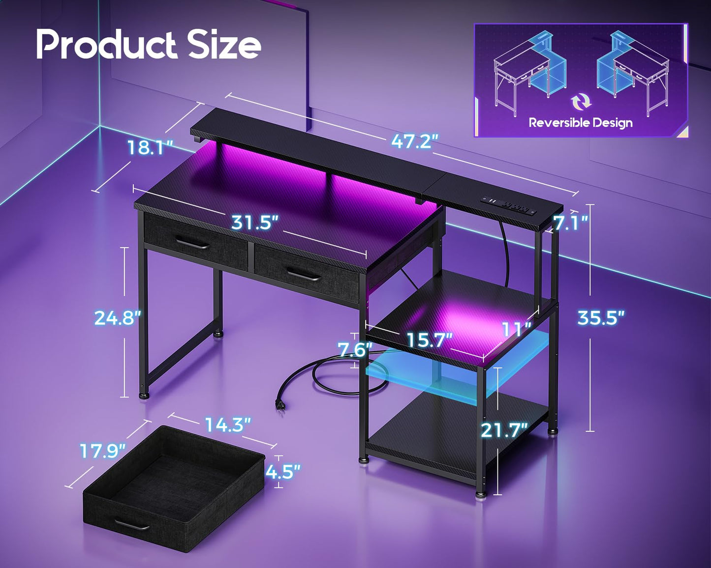 ODK Gaming Desk with Led Lights & Power Outlet, 48 Inch Computer Desk with Drawers, Office Desk with Large Display Storage Shelves, Reversible Desk with Monitor Stand for Home, Carbon Fiber Black
