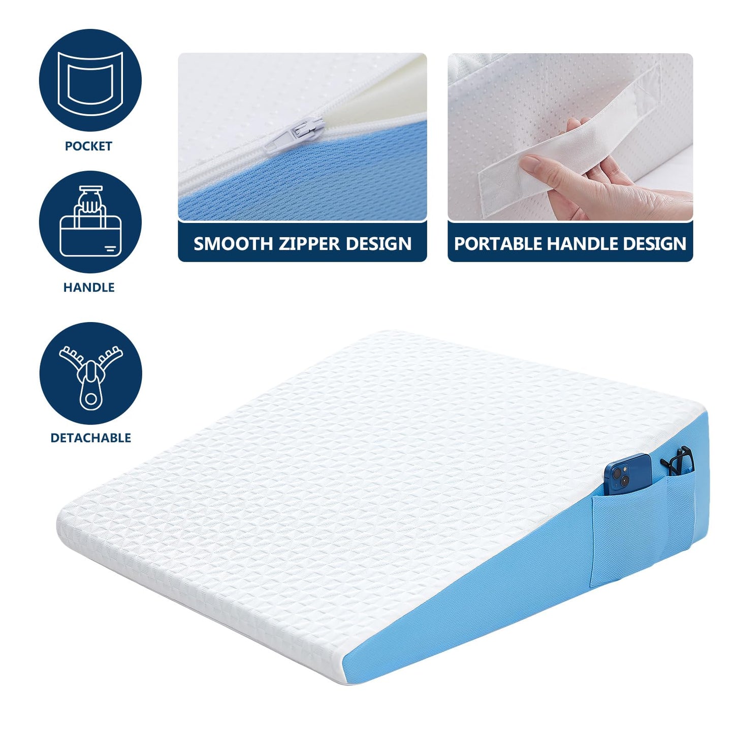 COLDHUNTER Wedge Pillow for Sleeping, 7.5" Bed Wedge After Surgery, Back Pain Relief, Memory Foam Pillow Triangle Incline Wedge for Back Support, Leg Elevation