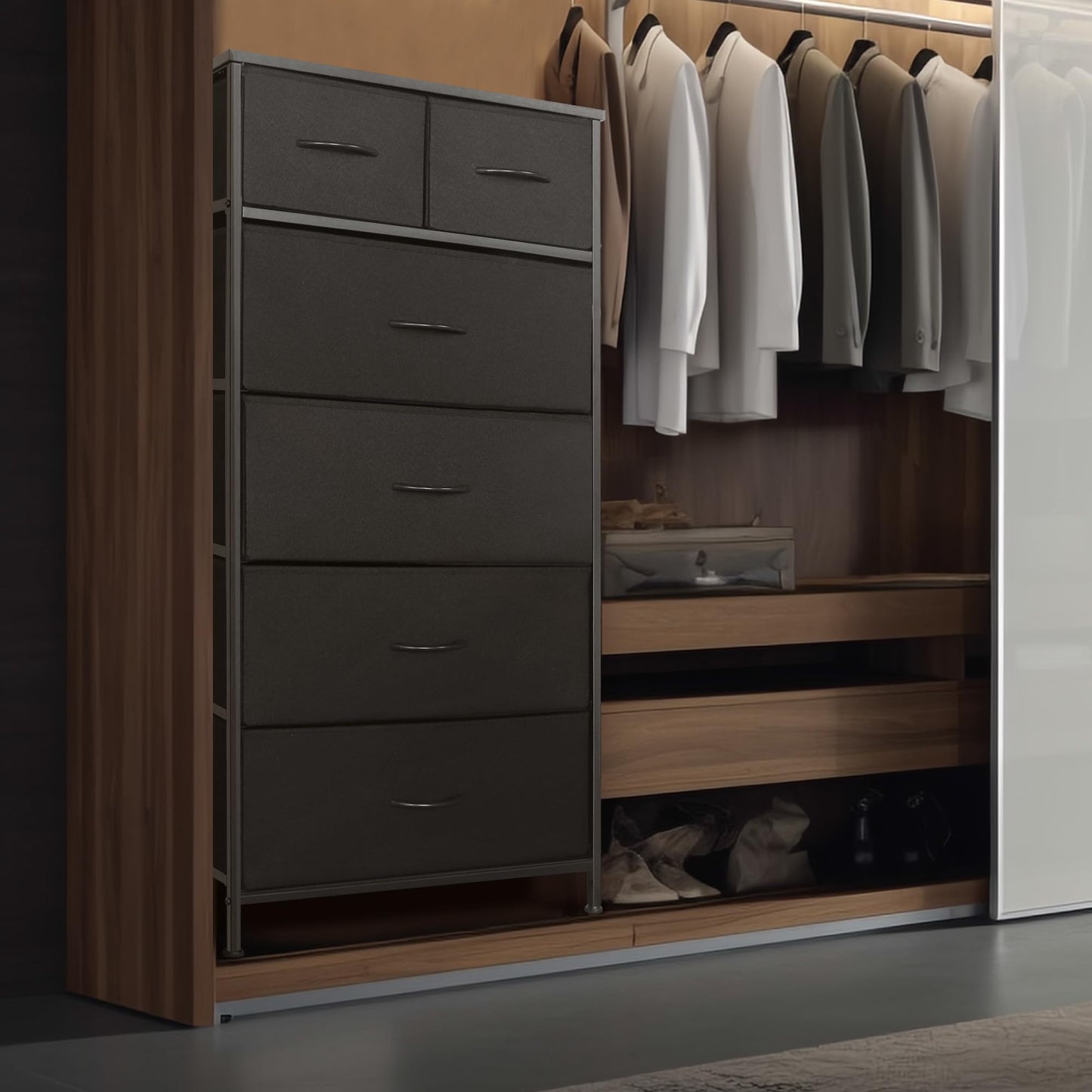Mifuro Tall Dresser for Bedroom, Vertical Storage Organizer Tower with 6 Drawers, Chest of Drawers with Fabric Bins, Steel Frame, Wood Top for Bedroom, Closet, Entryway- Black