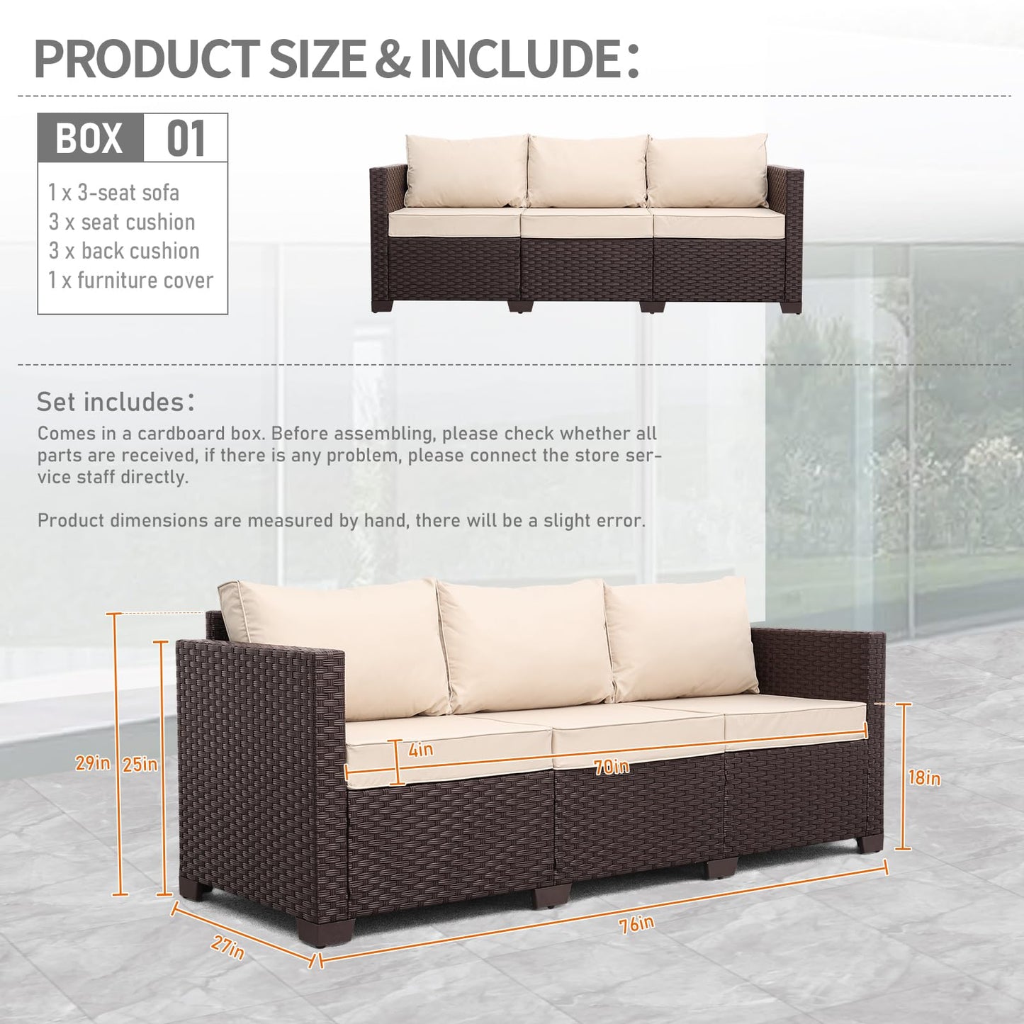 Oasishine Patio Furniture 3-seat Sofa Wicker Outdoor Furniture Outdoor Couch Deep Seat Hight Backrest Non-Slip Cushions, Khaki