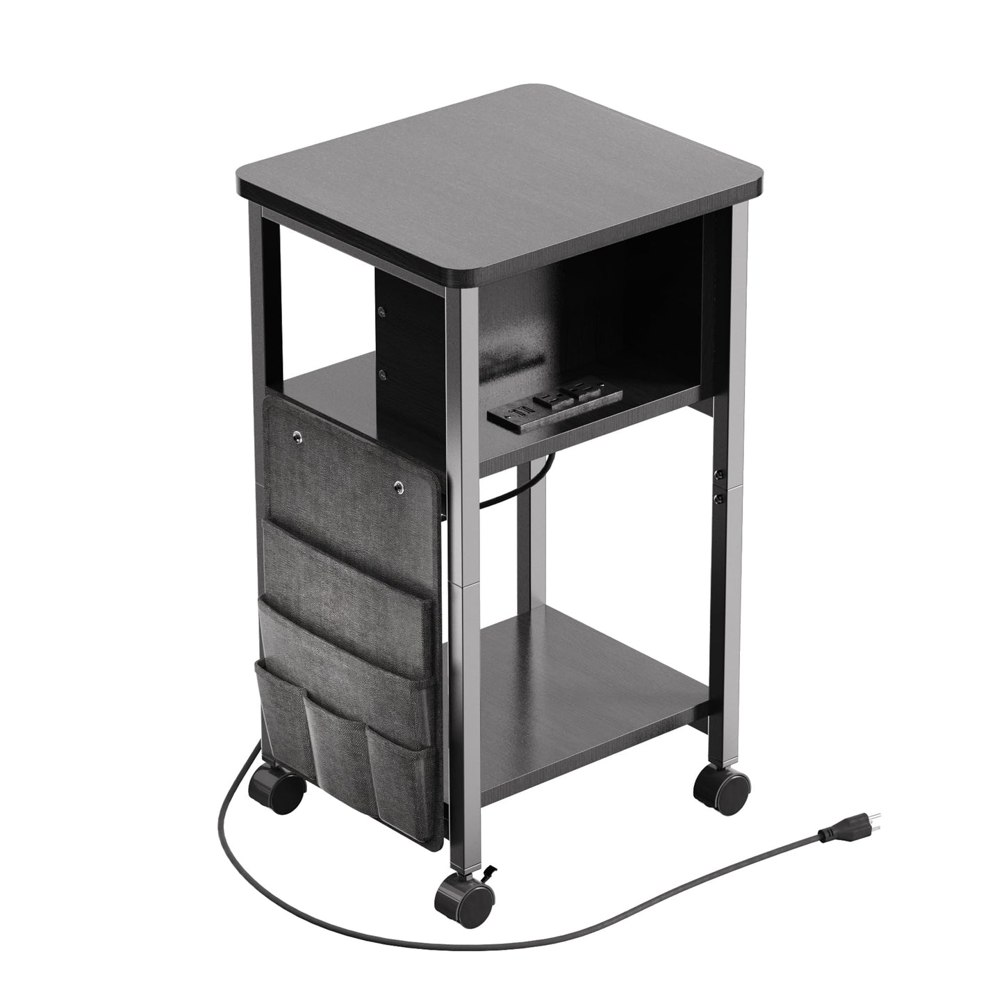 Merapi Small End Table with Charger, Side Table on Wheels, Mobile Nightstand with USB Ports, Black Sofa Side Table with Storage for Small Spaces, Living Room, Bedroom, Study, Home Office