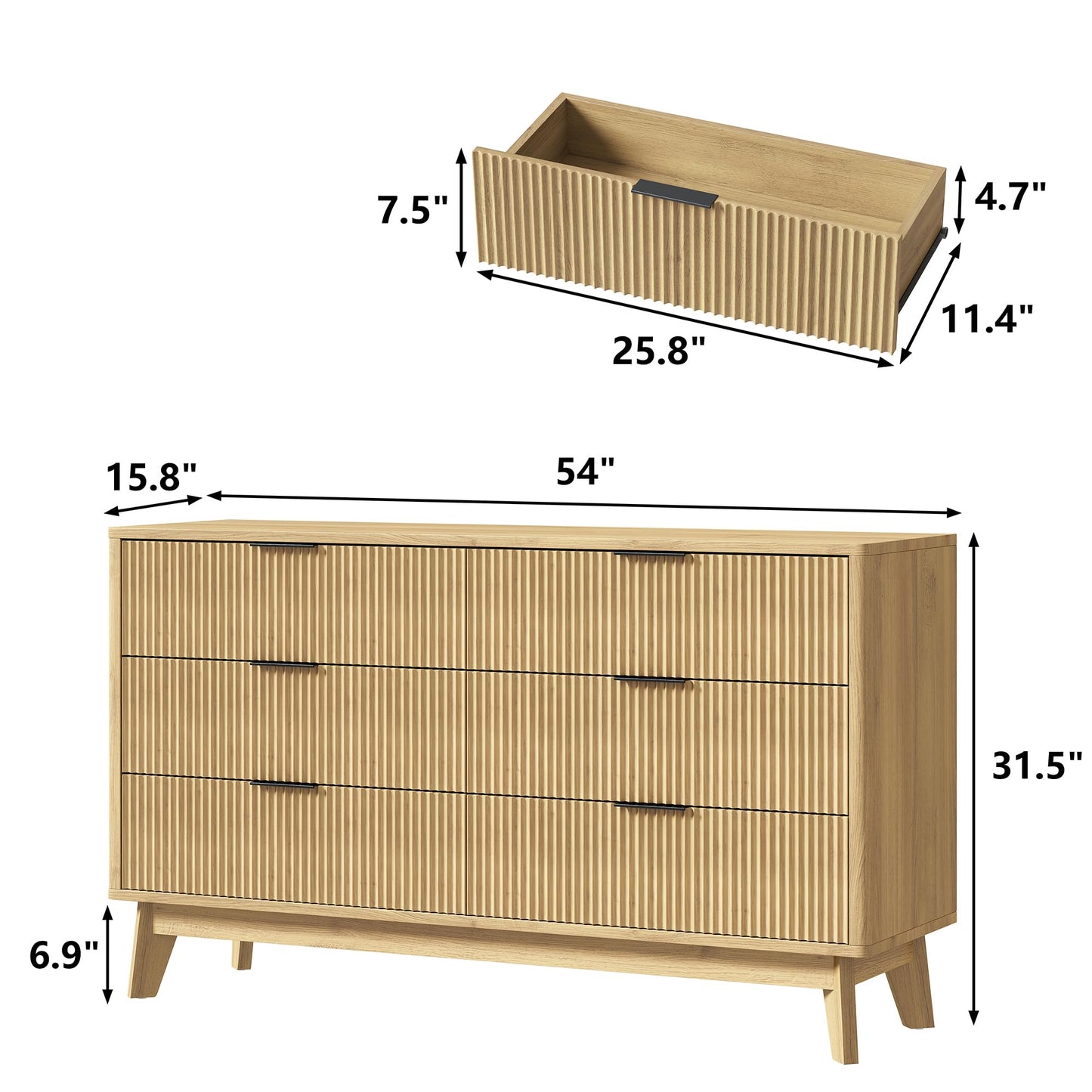 Furniouse 54''W Fluted 6 Drawers Dresser for Bedroom, Wide Modern Chest of Drawers Closet Organizer, Wood Dresser TV Stand for Living Room, Natural