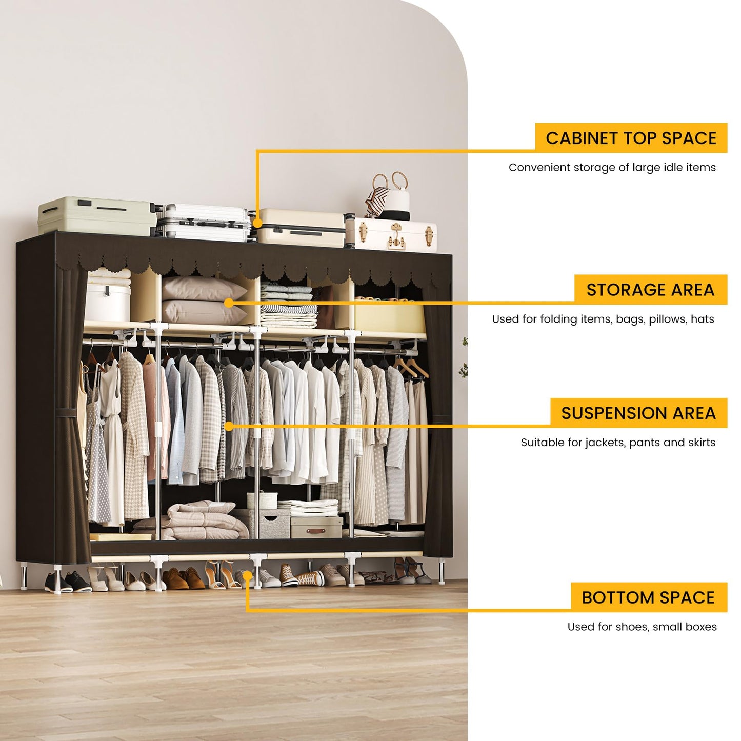LEAIJIAFY Large Portable Armoire Wardrobe Closet with 4 Hanging Rods and Lockers,Metal Storage Wardrobe Clothes Rack with Dust Cover for Clothes,16.7 in Wide,Bedroom,Brown