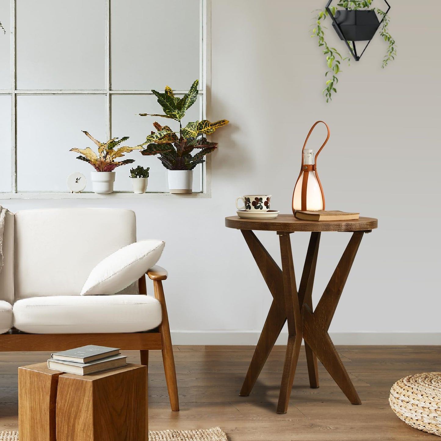 Ahokua Farmhouse End Table with Solid Wood Crossed Legs Round Boho Side Table Mid Century Modern Small Accent Table for Small Space Stable Nightstand for Living Room, Natural Wood