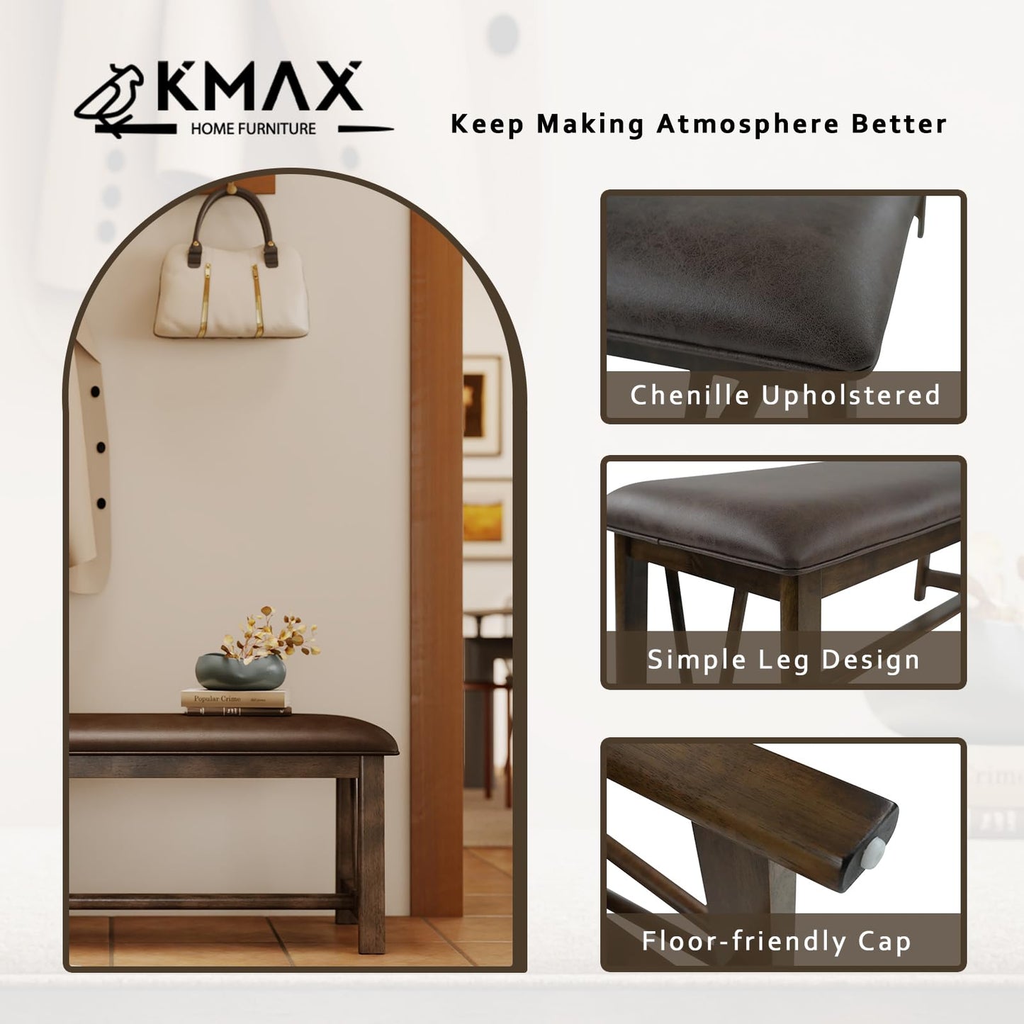Kmax Entryway Bench, Upholstered Dining Bench with Solid Wood Legs Farmhouse Window Bench Rustic Bench Seat for Living Room Hallway Kitchen - PU, Brown