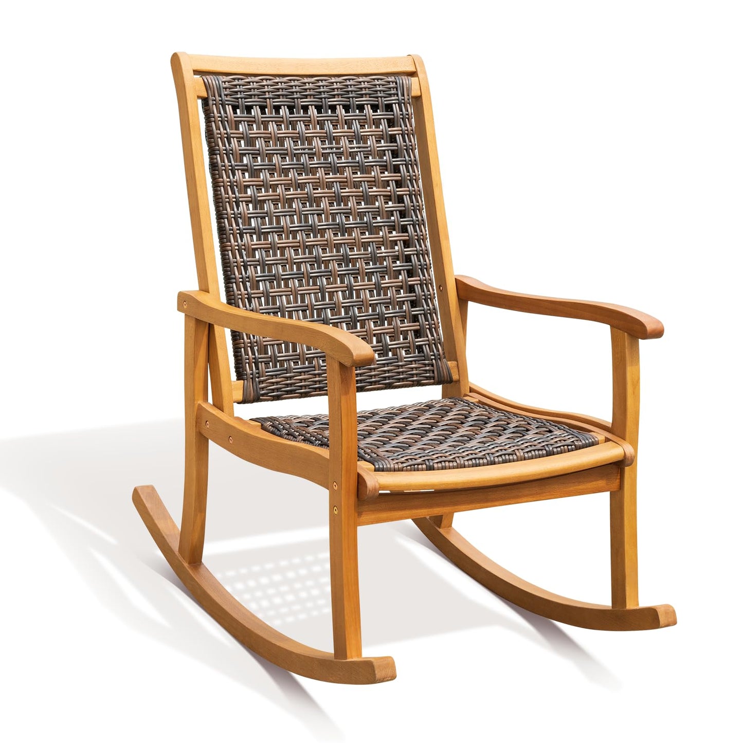 IDZO Wood Wicker Rocking Chair, 400 lbs Capacity, Durable Eucalyptus Wood, Natural Finish, Comfortable Curvy Design, Ideal for Deck, Patio Furniture, and Outdoor Furniture Accent Chair