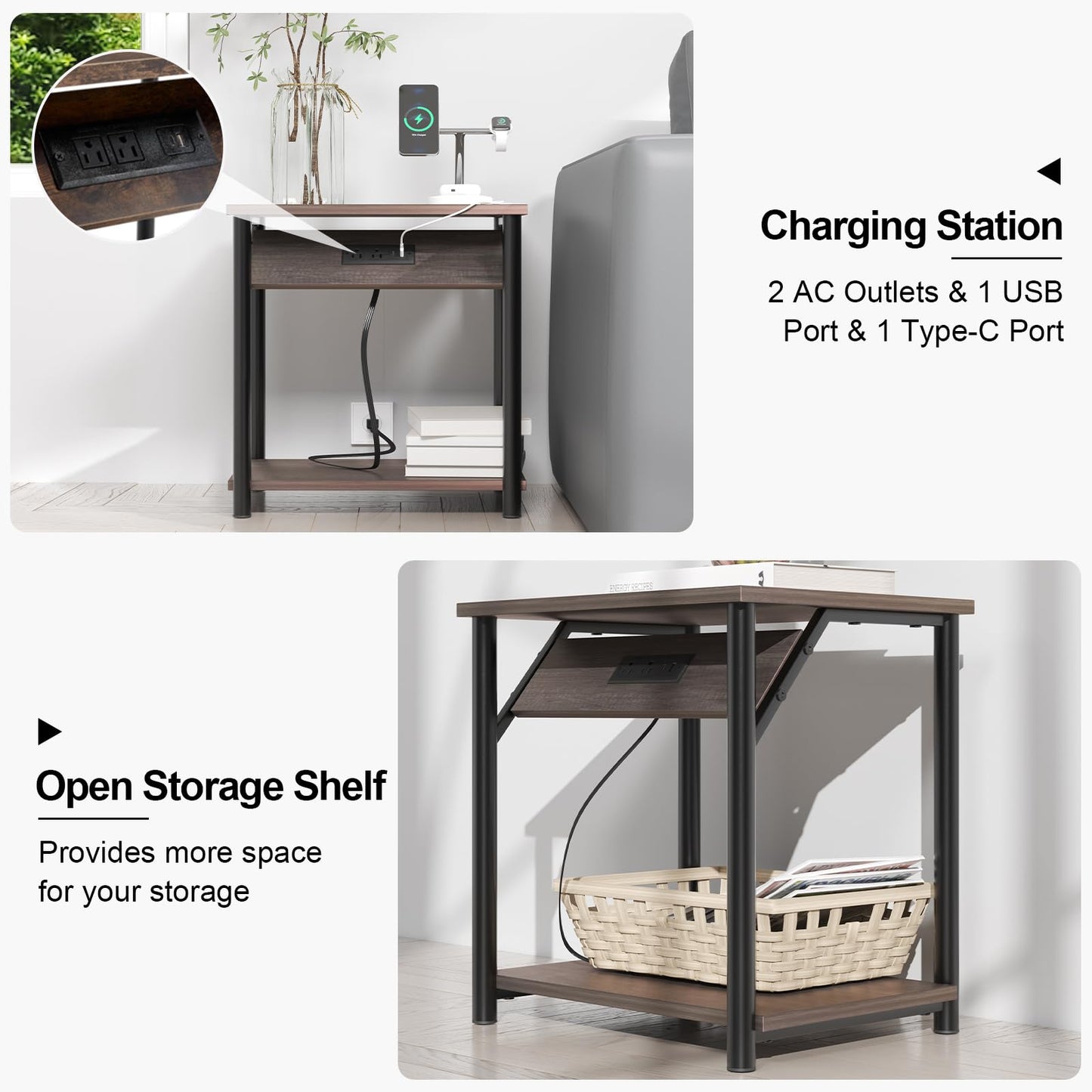 Nightstands Set of 2, Small End Tables with Charging Station, Modern Night Stands, Narrow Side Tables for Small Space, Bedside Tables with 2-Tier Storage Shelf for Living Room, Bedroom, Rustic Grey