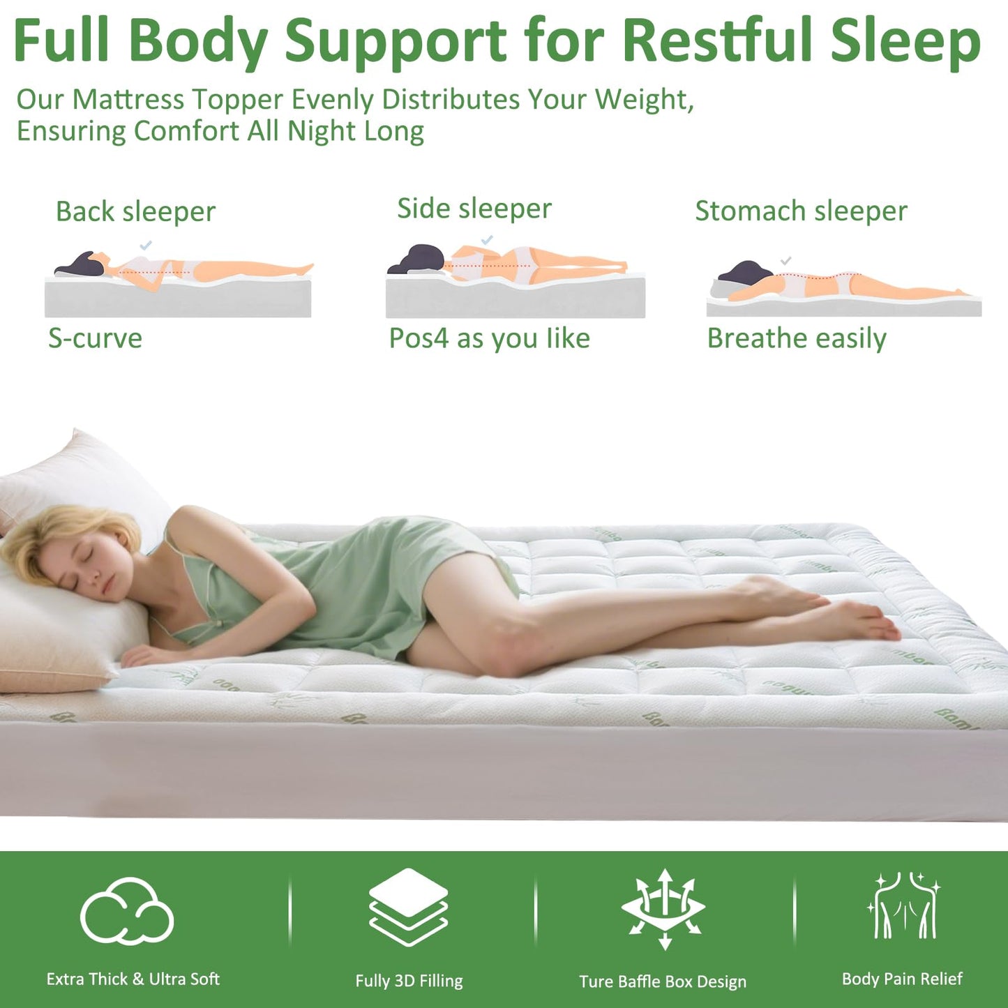 Bioeartha Mattress Topper Queen Size- Viscose Made from Bamboo Cooling Pillow Top Mattress Pad for Back Pain Relief - Breathable Mattress Protector Deep Pocket Mattress Cover Fits 8-21 Inch