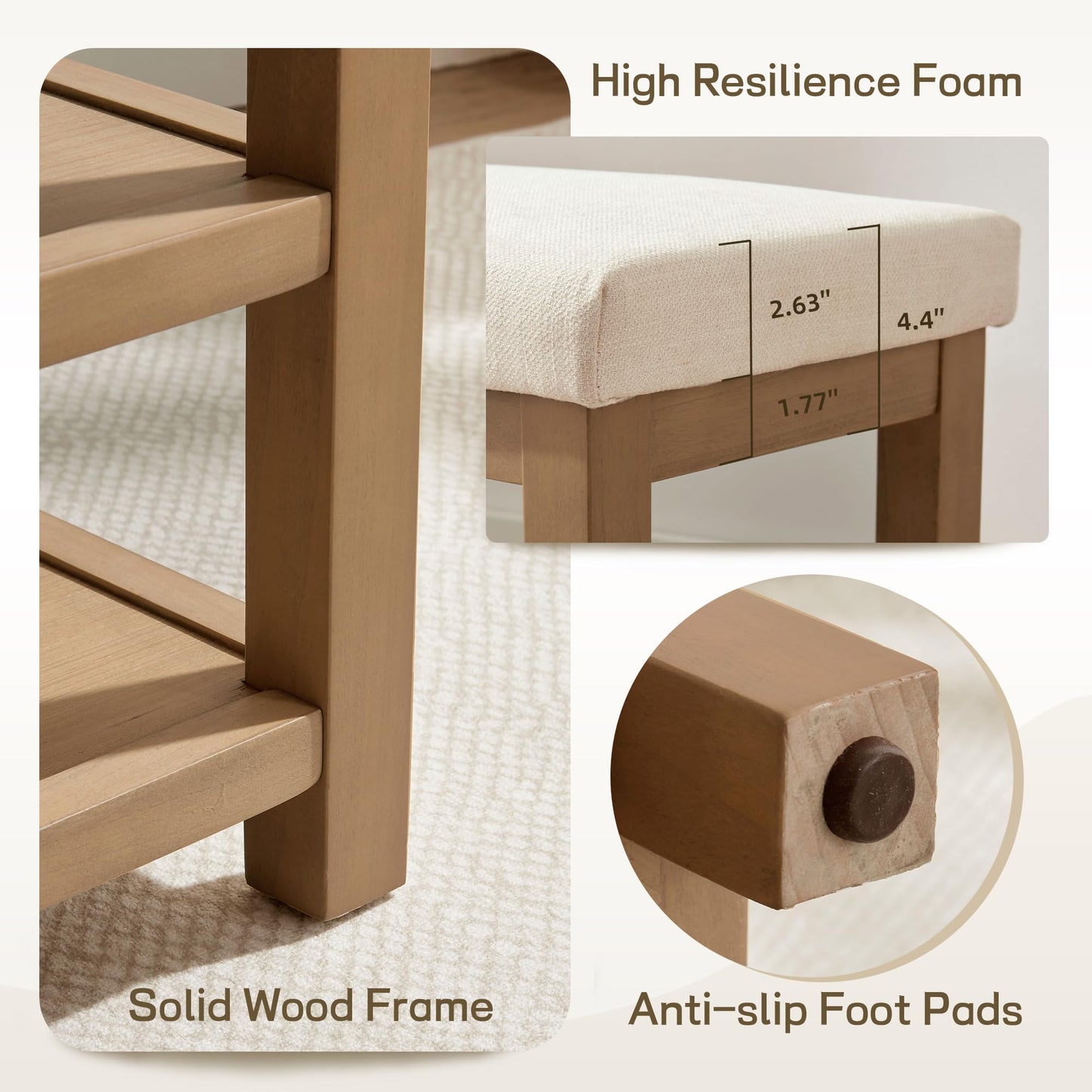 Zihanhome 2 Tier Shoe Rack Bench with Cushion, Solid Wood Shoe Benches, Mid-Century Modern Shoe Storage Bench for Entryway, Hallway, Living Room, Closet, Front Door Entrance, (Beige, 39.4")