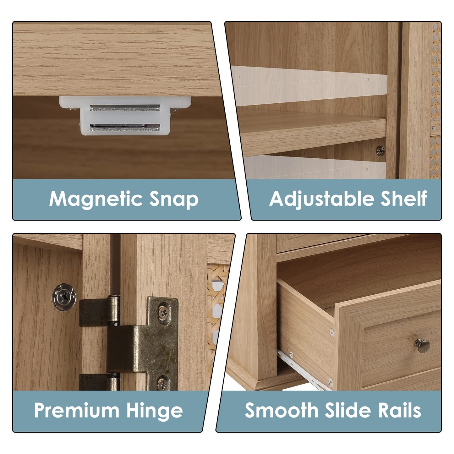FOTOSOK Kitchen Pantry Storage Cabinet, Tall Cabinet with Rattan Doors and 2 Drawers, Freestanding Cupboard Adjustable Shelves, Utility for Kitchen, Dining Room (AZ-130)