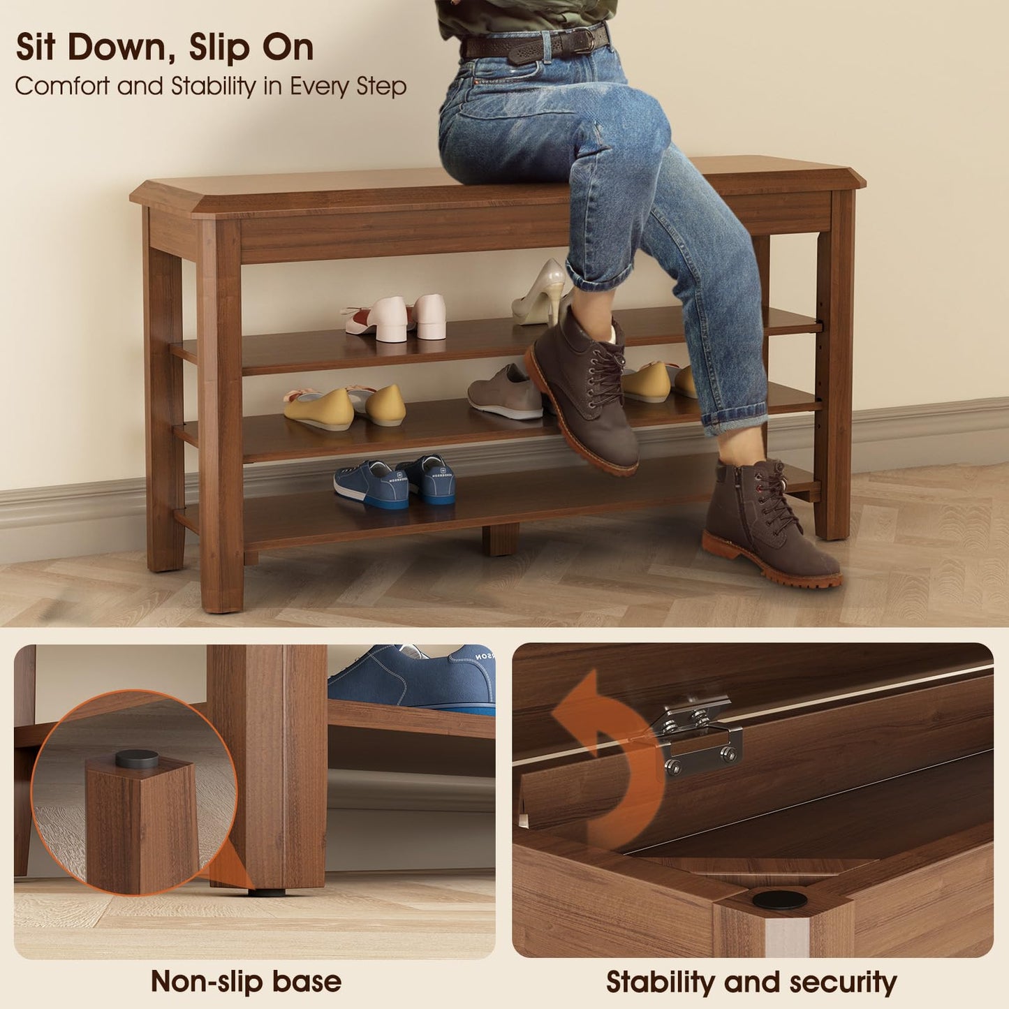 IUNVR Shoe Rack Bench Seat Rubberwood 3-Tier Wooden Storage Bench 550lbs Compact Mid-Century Modern Design for Entryway, Hallway, Closet, Front Door Entrance, Foyer