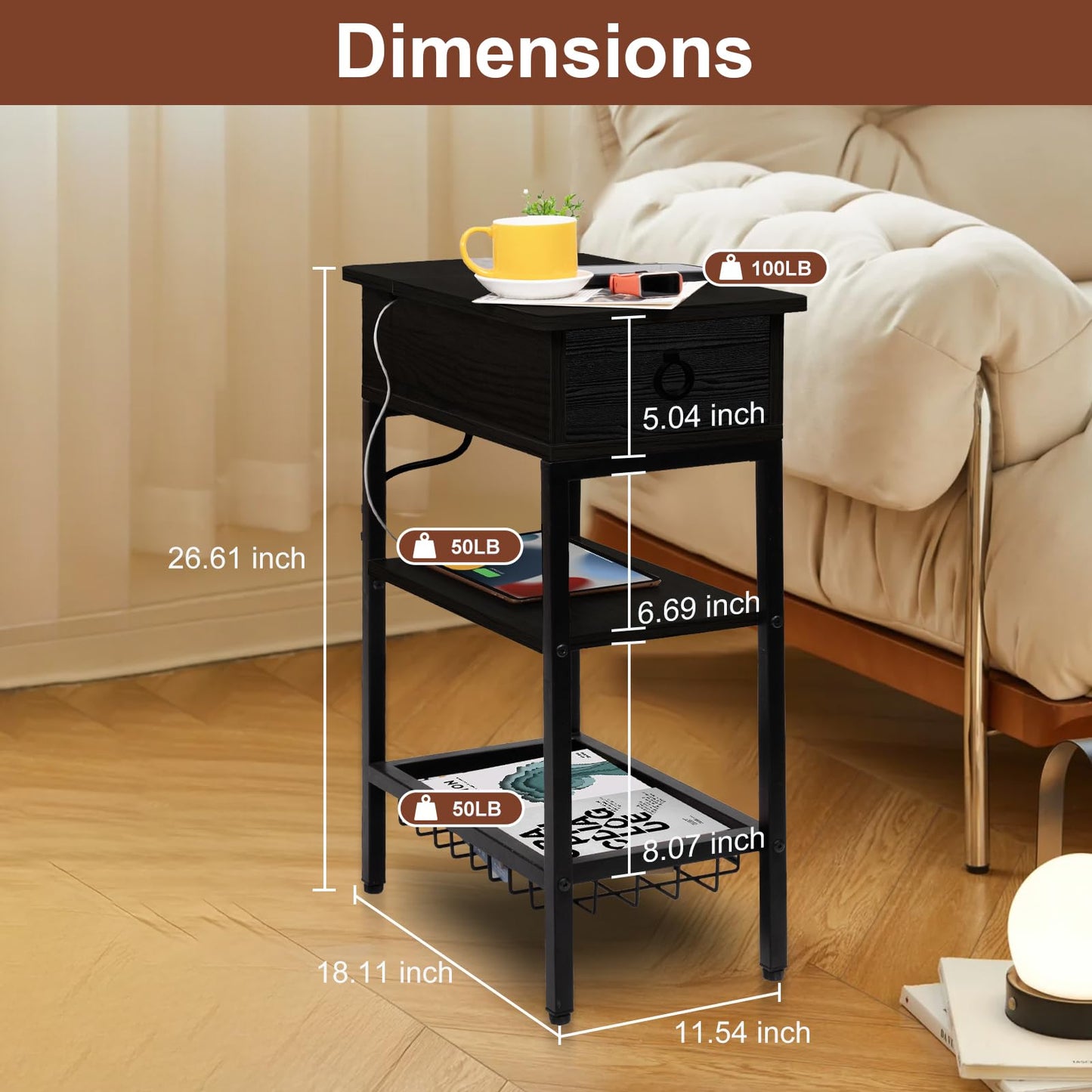 Cazacomzy Small Black Side Table Charging Station for Bedroom, Narrow Black Living Room End Tables with Storage, Skinny USB Nightstand with Outlet, Gaming Coffee Table for Couch with USB Ports