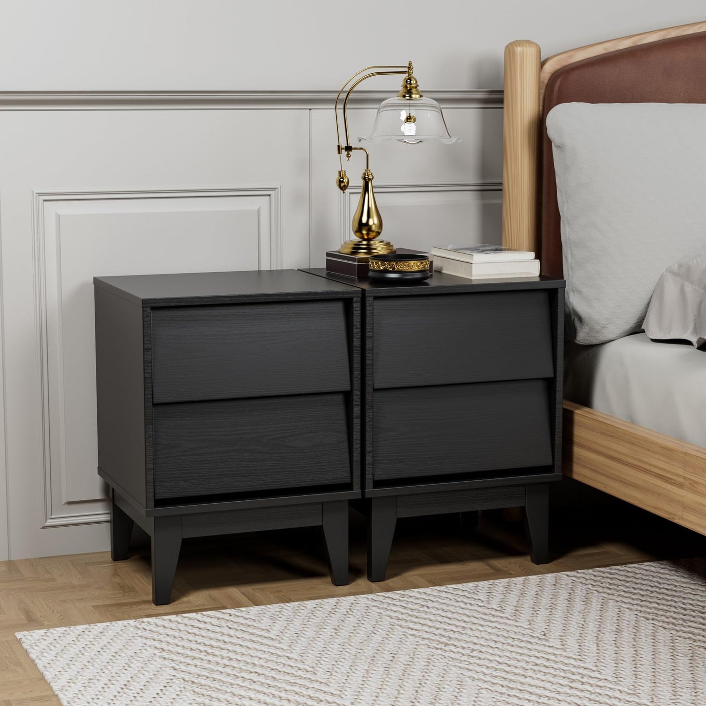 2 Set Nightstands with Beveled Design, Mid-Century Modern Bedside Tables with Solid Wood Legs for Bedroom Living Room, Black