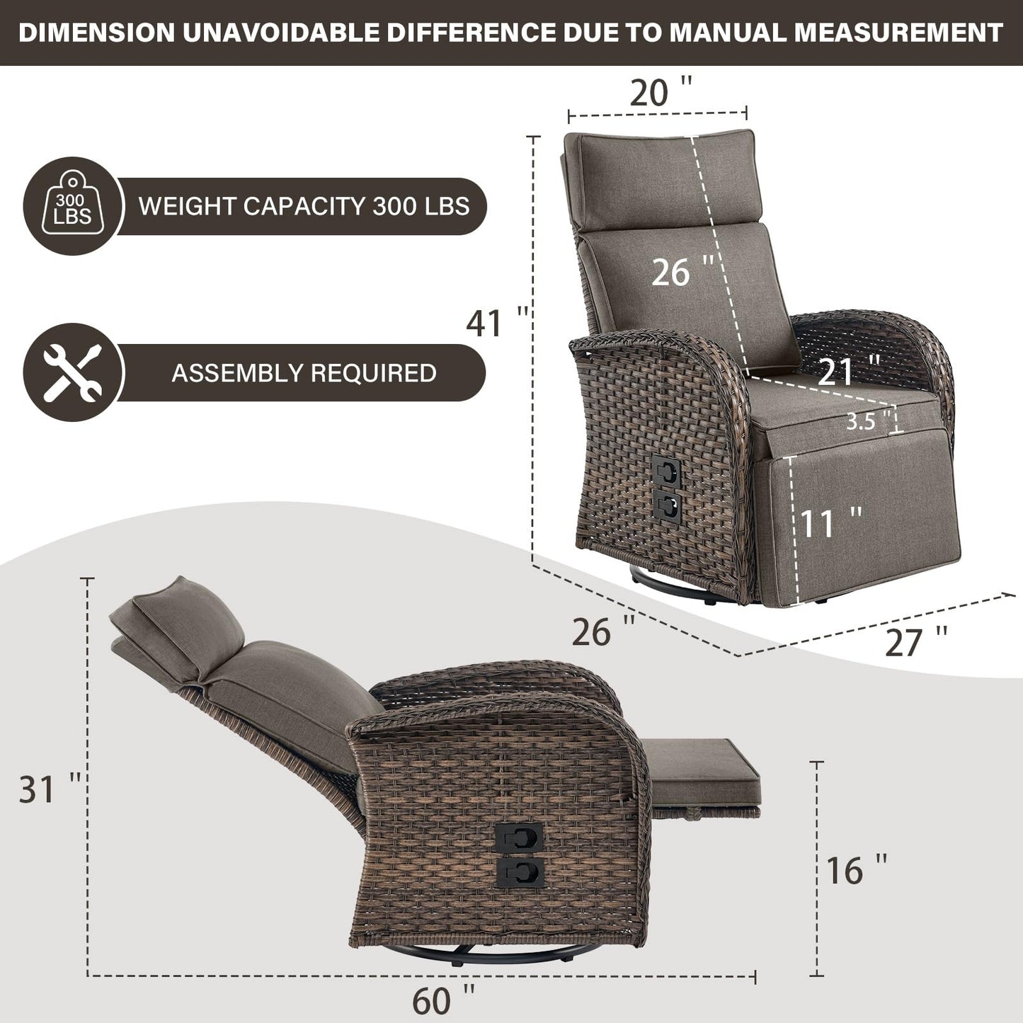 Belord Dual-Adjust Outdoor Swivel Recliner Chair – Reclining Patio Chair with Adjustable Backrest and Footrest, All-Weather Wicker Chaise Lounge Chair Outdoor for Pool Deck (Upgraded 2.0)