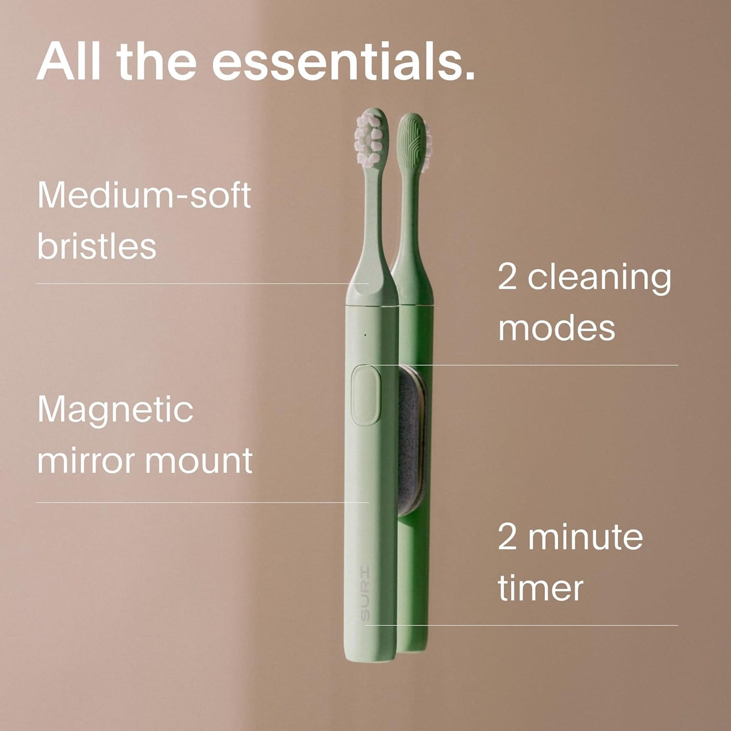 SURI 1.0 Sonic Electric Toothbrush with UV Cleaning Travel Case | 40+Day Battery | Designed in California | Electric Toothbrush for Adults | Travel Toothbrushes | Tooth Brush | Green