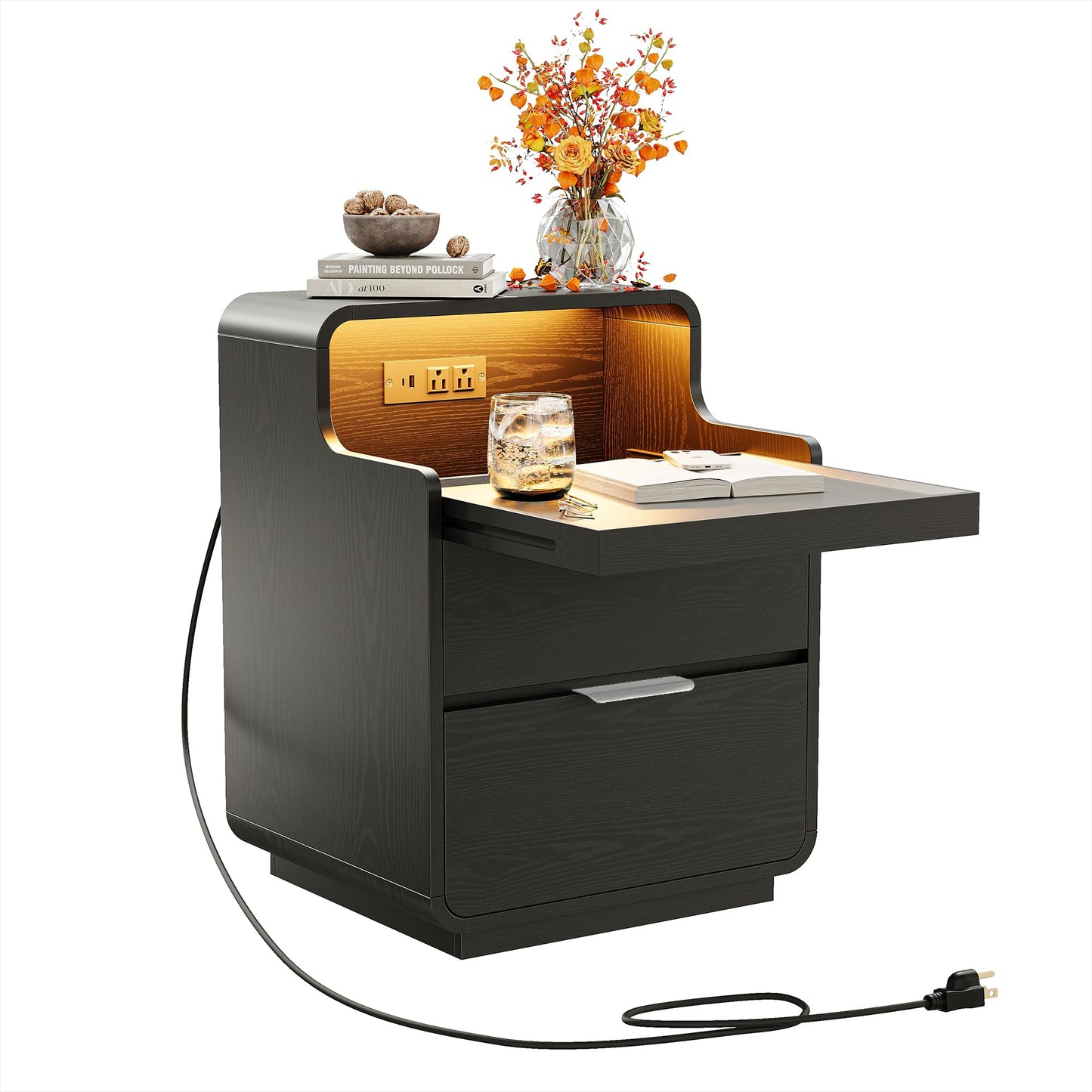 LIKIMIO Nightstand with Charging Station and LED Lights, Night Stand with Pull-Out Shelf, Morden End Table with 2 Drawers, Bedside Table for Bedroom, Black