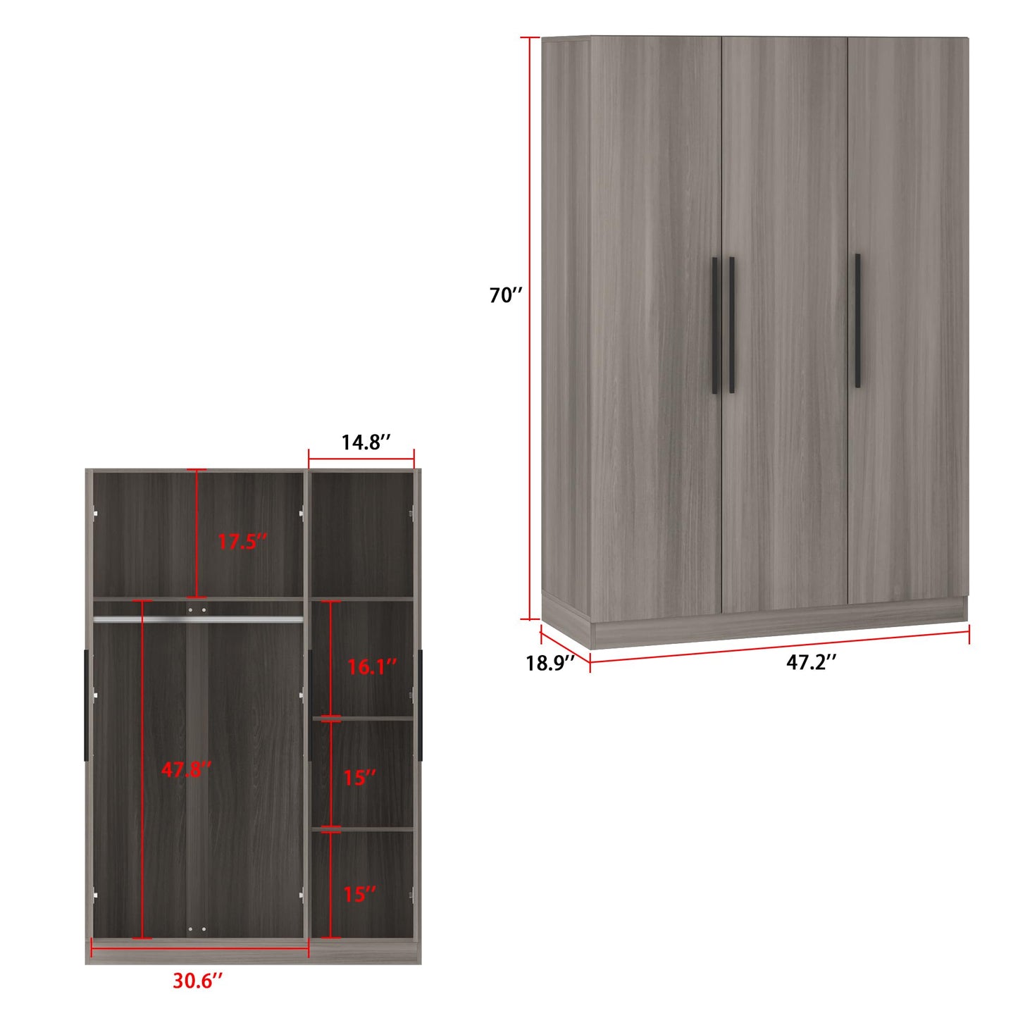 Hitow Large Wardrobe Armoire Closet with 3 Doors, Freestanding Wardrobe Cabinet for Hanging Clothes, Bedroom Armoire Dresser Wardrobe Clothes Organizer, 3-Door Brown (47.2" W x 18.9" D x 70" H)