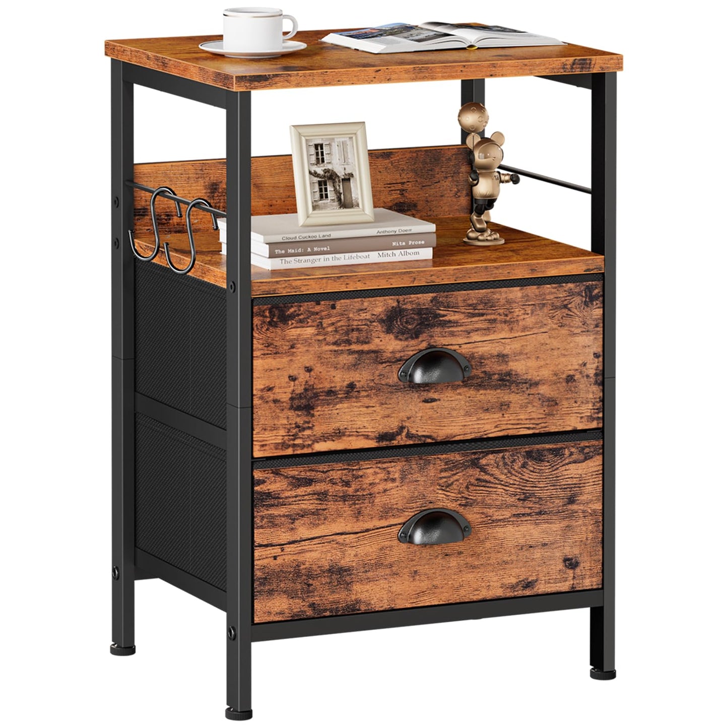Furologee Nightstand with 2 Fabric Drawers, End Table with Open Wood Shelf, Side Sofa Table with 2 Hooks for Bedroom/Living Room/Study/Halway/Rustic Brown
